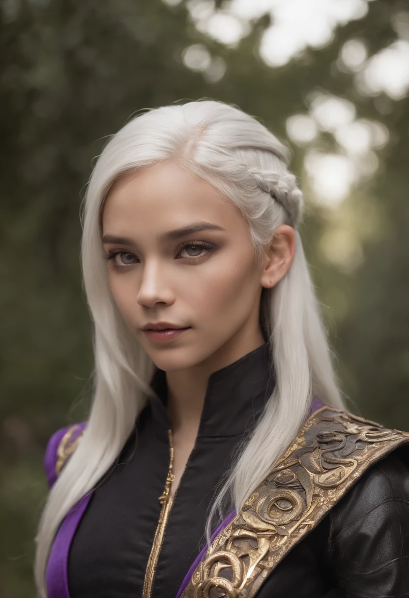 A preteen with a leash of straight white hair, dark skin, Latin ancestry, purple irises, wearing a black tatical suit with golden threads and wearing golden earrings shaped like snakes. Detailed eyes, detailed face, intricate grunge outfits, cinematic lighting, realistic concept art of strong backlighting.