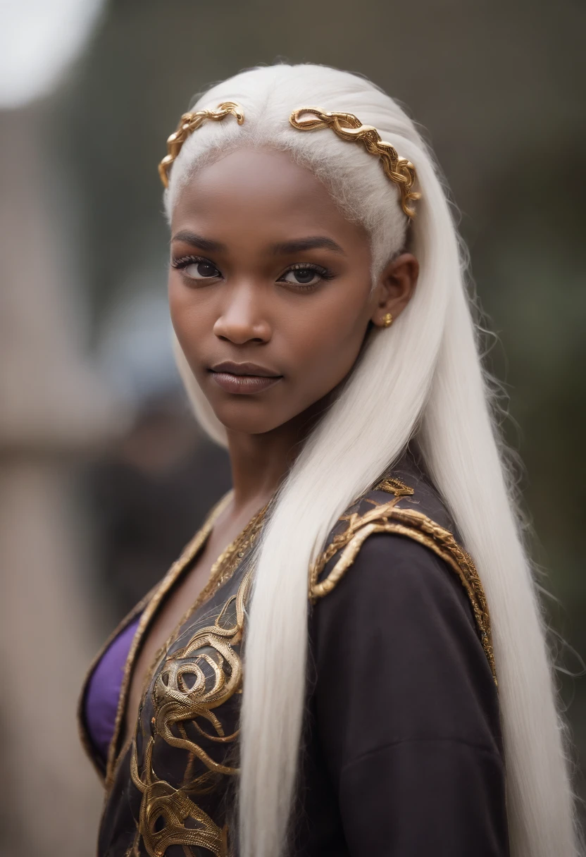 A  with a leash of straight white hair, dark skin, Latin ancestry, purple irises, wearing a black tatical suit with golden threads and wearing golden earrings shaped like snakes. Detailed eyes, detailed face, intricate grunge outfits, cinematic lighting, realistic concept art of strong backlighting.