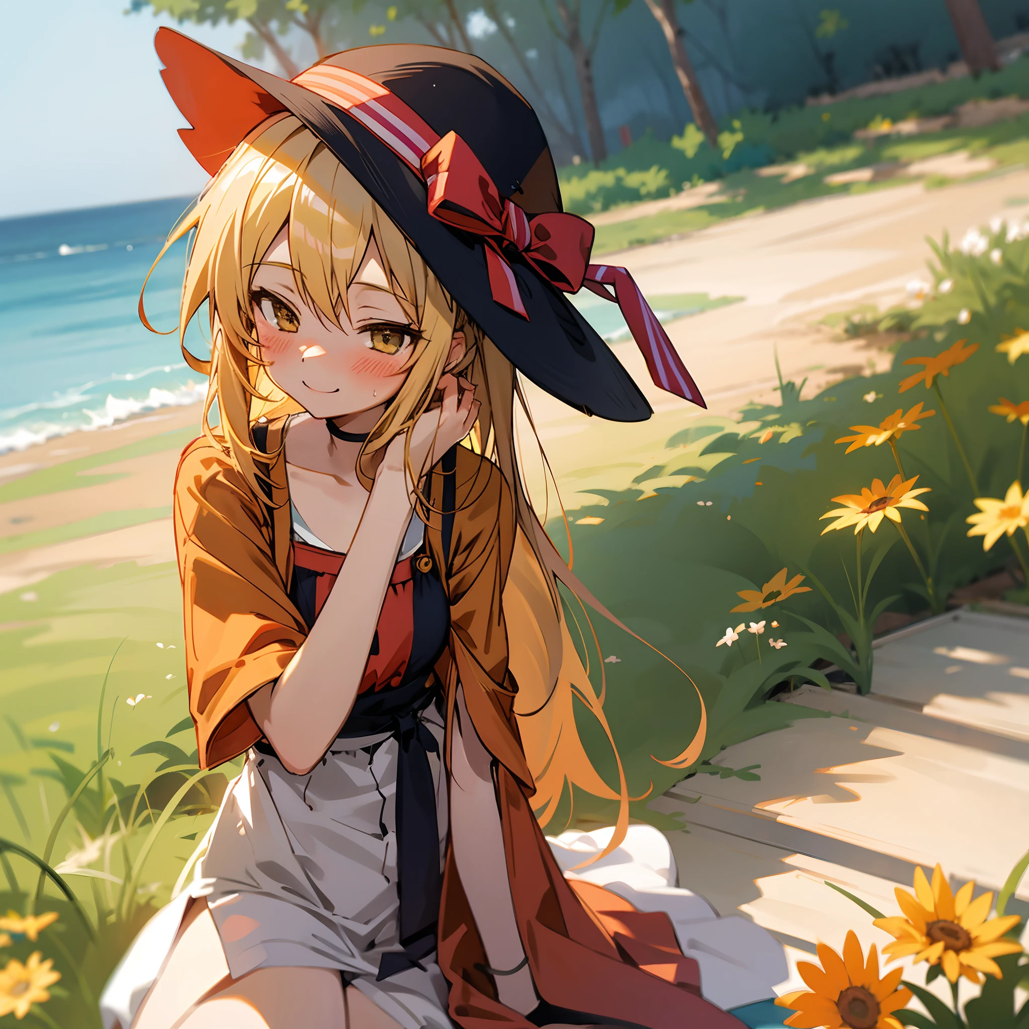 [Anime 1.5], [Shiina Mahiru 1.5], [The Angle Next Door Spoils Me Rotten 1.5], long blonde hair, summer outfit, smile, cute and beautiful, hat, blushing, brushing hairs behind ears, solo girl, 1 girl