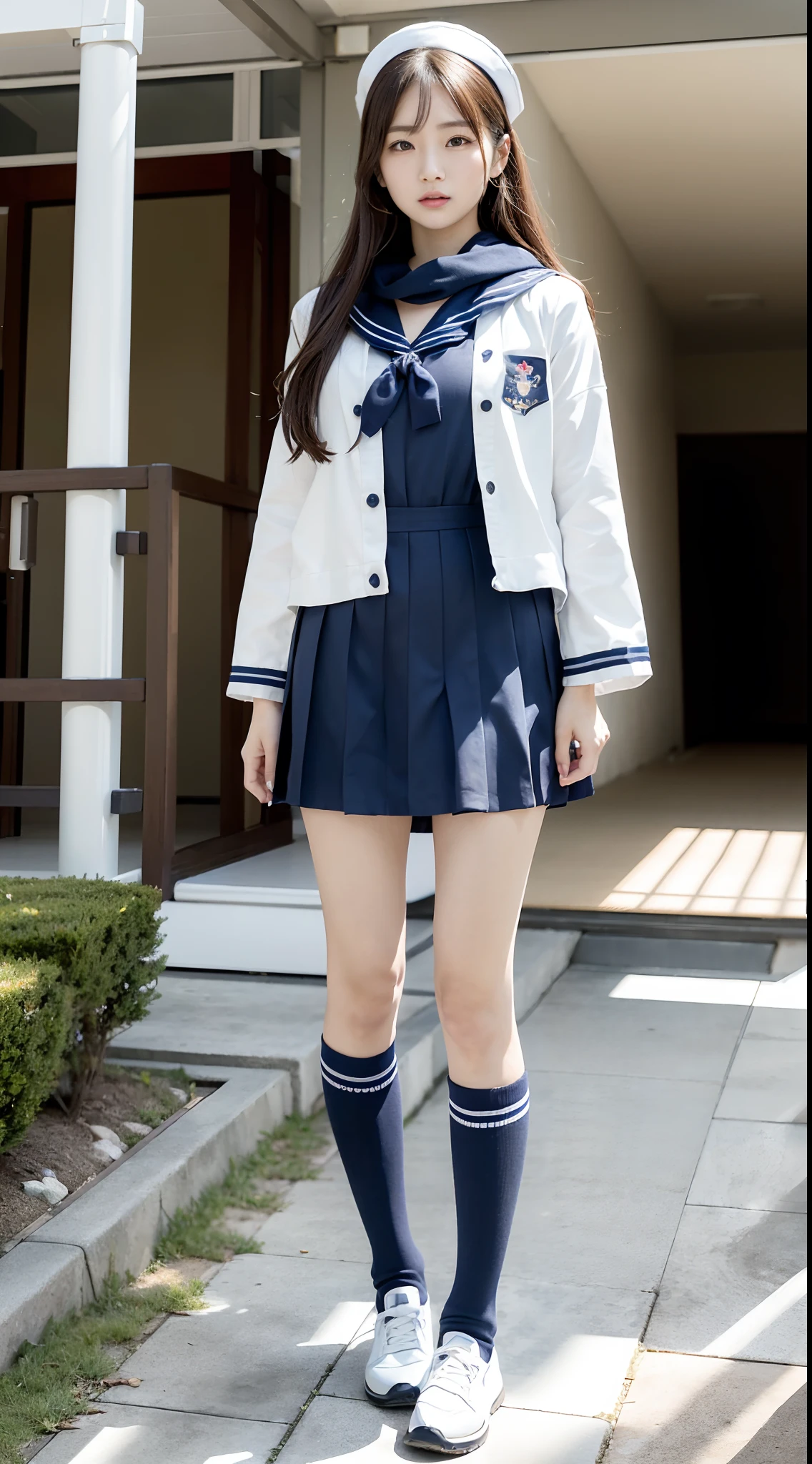 mix4, (16 K, Raw photography, Top image quality, masterpiece: 1.45), (realisitic, Photorealsitic: 1.37), one girls, 7.5, etc、Random hairstyle、Standing figure,Morning time slot、a very cute,a park,, profetional lighting, photon maping、physically-based renderingt, Gradient dark brown hair,, a handsome, Well-groomed and beautiful eyes、Large double eyelids、Very shiny、girl with, (((student clothes、Winter clothes、Sailor suit worn by Japan girl、Navy blue sailor color、scarf、a miniskirt, Small beret、high socks、lowfers))), Top Quality Photos, hight resolution, 1080p, (clearface), (Detailed face description), (Detailed hand description), (masterpiece), (Exquisite CG)、extreme light and shadows、dishevled hair、master work、abundant detail、(Fine facial features)、(top quality photo)、(masuter piece)、(A detailed eye)、Look in front of you、Fine clavicle、((Slender big))、(((Japan schooln sailor suit)))、((Ready Idol System))、((a park、Slide、The fountain、seesaw))、(Shooting from random perspectives)、(((neat and cute)))、耳Nipple Ring、A big smile、Drawing the whole body from the knees、Do not draw nasolabial folds、(((Cute sailor suit)))、(Big breasts that hang down big:1.2)、Big buttocks with tension、Two arms and two legs、(((from the front side:0.2)))、bare hand、No mask、