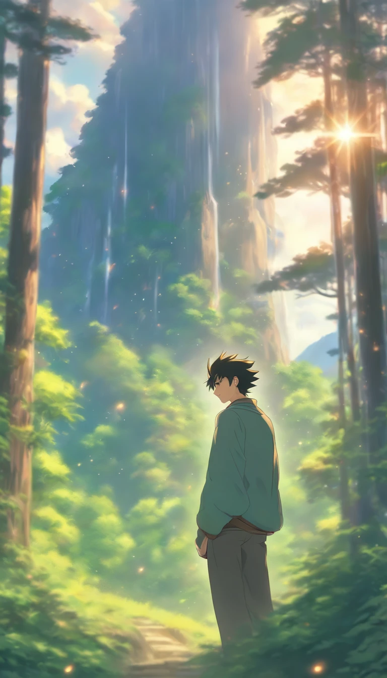 /imagine prompt: A young and handsome man standing before Elder He, his scalp tingling with anxiety, while Elder He is perplexed and anxious, surrounded by a peaceful mountain forest with sunlight streaming through the leaves, creating a mysterious and serene atmosphere, ,32k, best quality, masterpiece, super detail, high details, by Makoto Shinkai ,in the style of the stars art group xing xing, --niji 5"