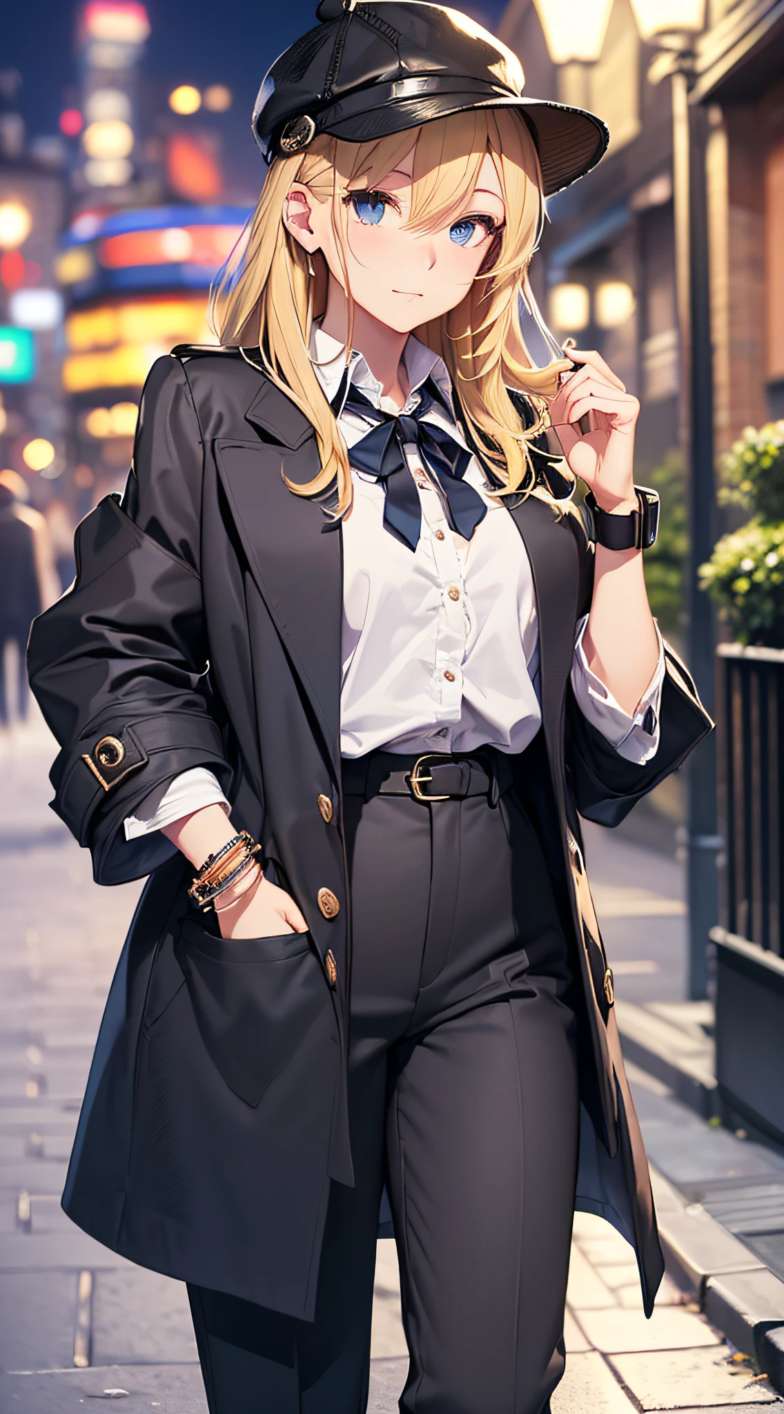 top-quality、Top image quality、masterpiece、girl with((18year old、White Open Y-Shirt、deerstalker hat、Stylish long coat、Black pants、Best Bust、Bust 85、a blond、Longhaire、Blue eyes、open chest wide、Valley、Happiness、Black wristband on wrist、A slender、耳Nipple Ring、The wind blows,Stick your hands in your pockets、close to viewer、cool expression))hiquality、Camera Film Style、Background with((London by night、In front of the hotel))、masutepiece、cool style、Elaborate design