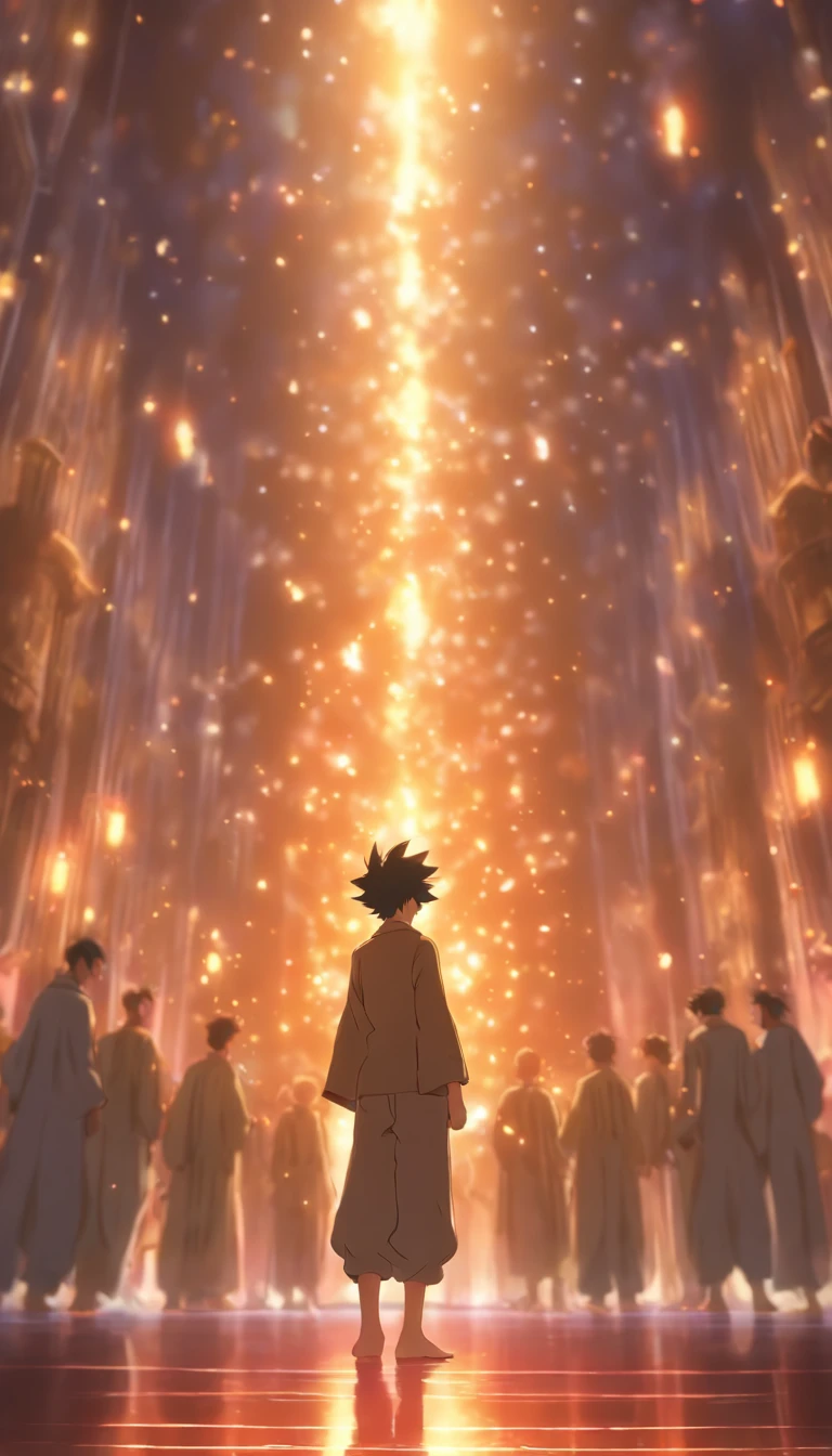 /imagine prompt: A smiling person standing in the center of a hall, surrounded by a group of injured people. After listening to the teachings of Elder He, they all leave to tend to their wounds. The person in the middle of the hall smiles, seemingly satisfied with their performance. ,32k, best quality, masterpiece, super detail, high details, by Makoto Shinkai ,in the style of the stars art group xing xing, --niji 5"
