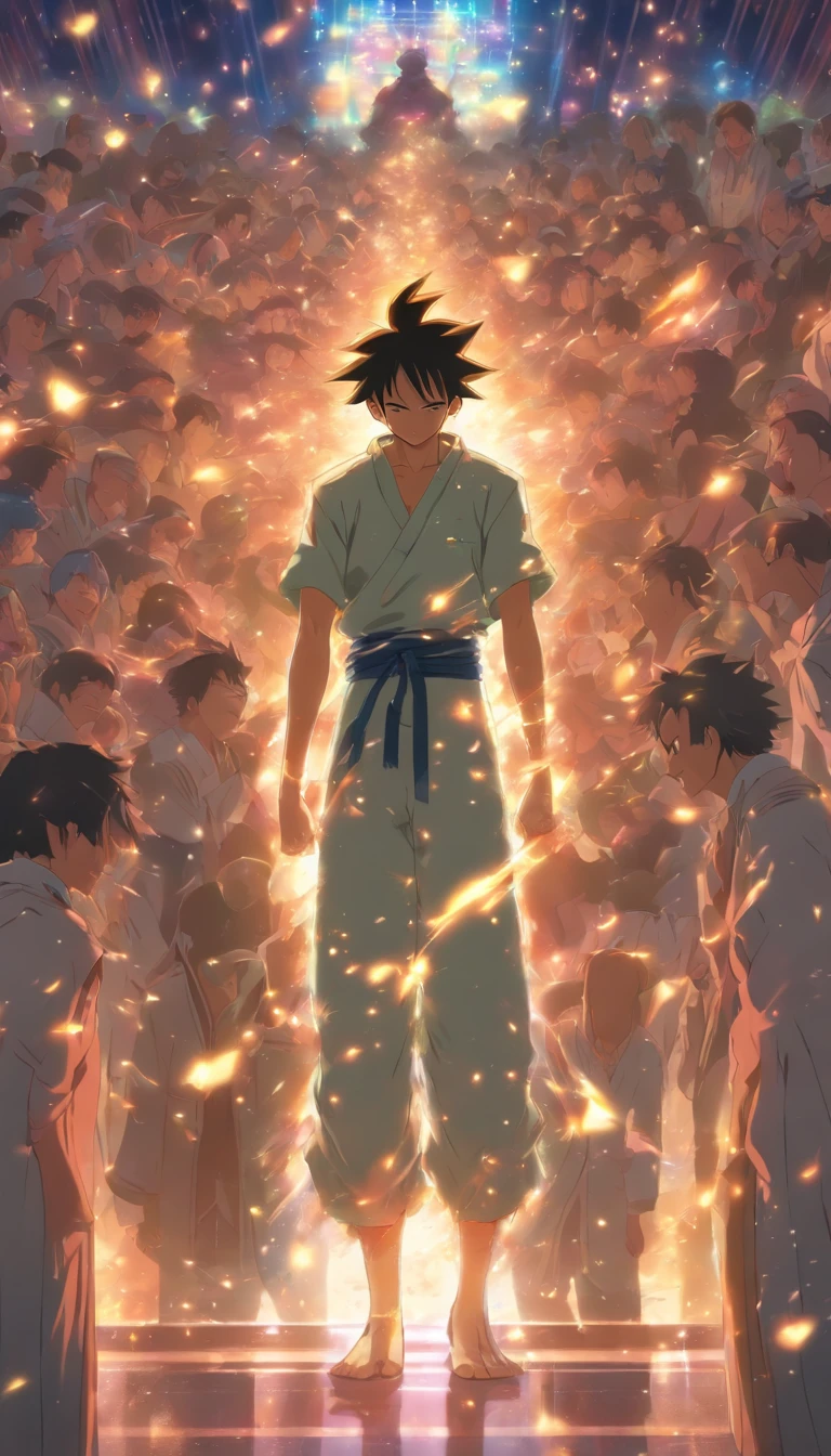 /imagine prompt: A smiling person standing in the center of a hall, surrounded by a group of injured people. After listening to the teachings of Elder He, they all leave to tend to their wounds. The person in the middle of the hall smiles, seemingly satisfied with their performance. ,32k, best quality, masterpiece, super detail, high details, by Makoto Shinkai ,in the style of the stars art group xing xing, --niji 5"