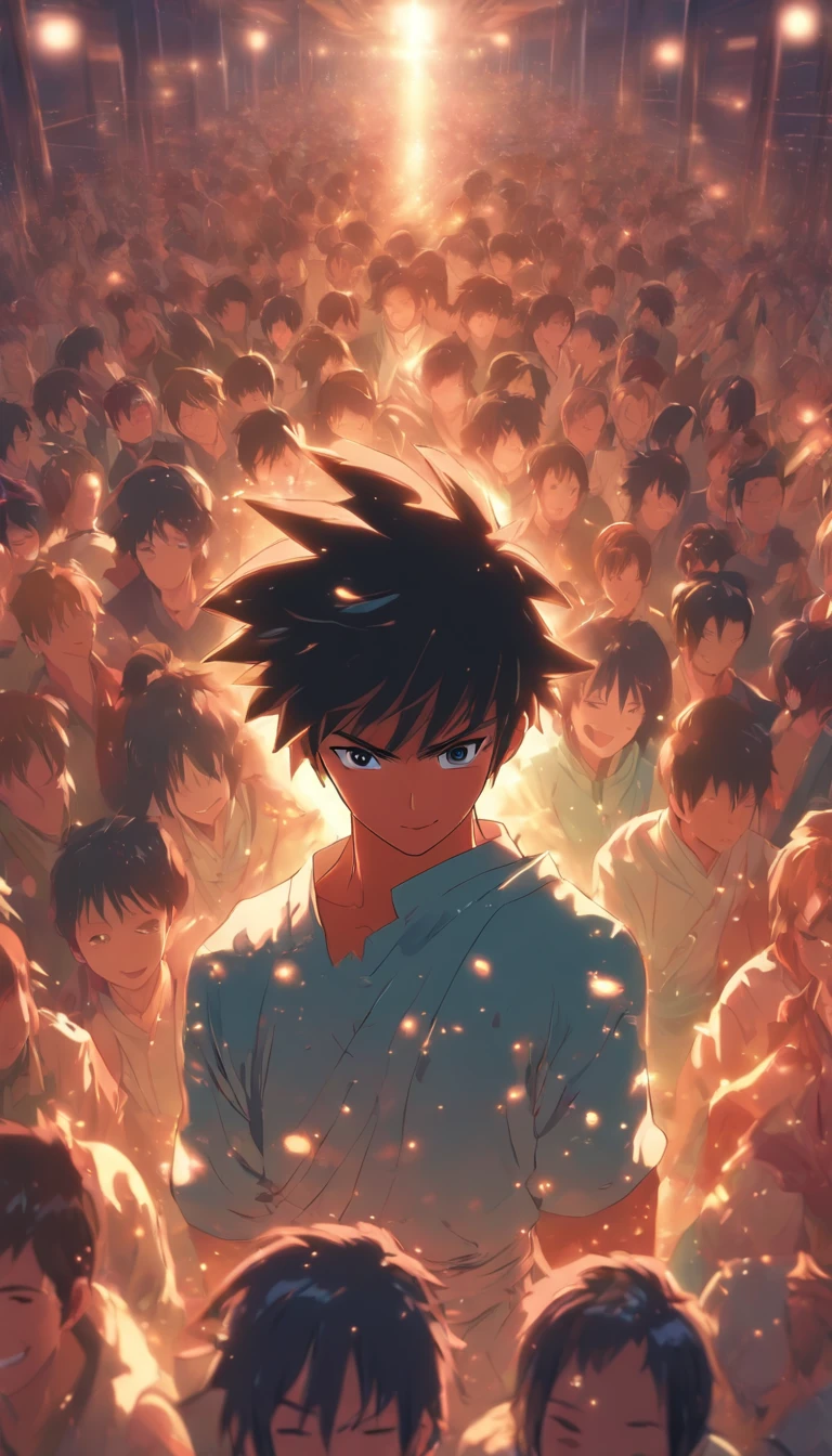 /imagine prompt: A smiling person standing in the center of a hall, surrounded by a group of injured people. After listening to the teachings of Elder He, they all leave to tend to their wounds. The person in the middle of the hall smiles, seemingly satisfied with their performance. ,32k, best quality, masterpiece, super detail, high details, by Makoto Shinkai ,in the style of the stars art group xing xing, --niji 5"