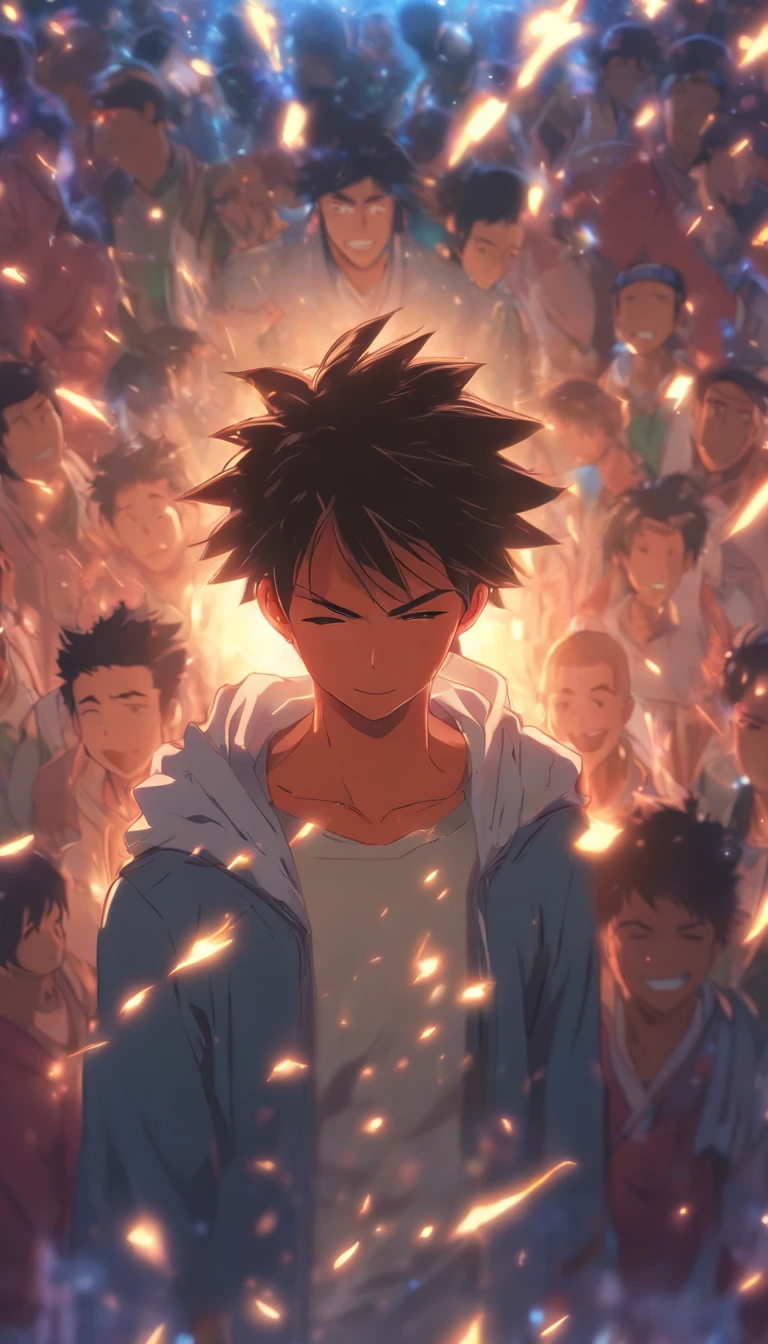 /imagine prompt: A smiling person standing in the center of a hall, surrounded by a group of injured people. After listening to the teachings of Elder He, they all leave to tend to their wounds. The person in the middle of the hall smiles, seemingly satisfied with their performance. ,32k, best quality, masterpiece, super detail, high details, by Makoto Shinkai ,in the style of the stars art group xing xing, --niji 5"