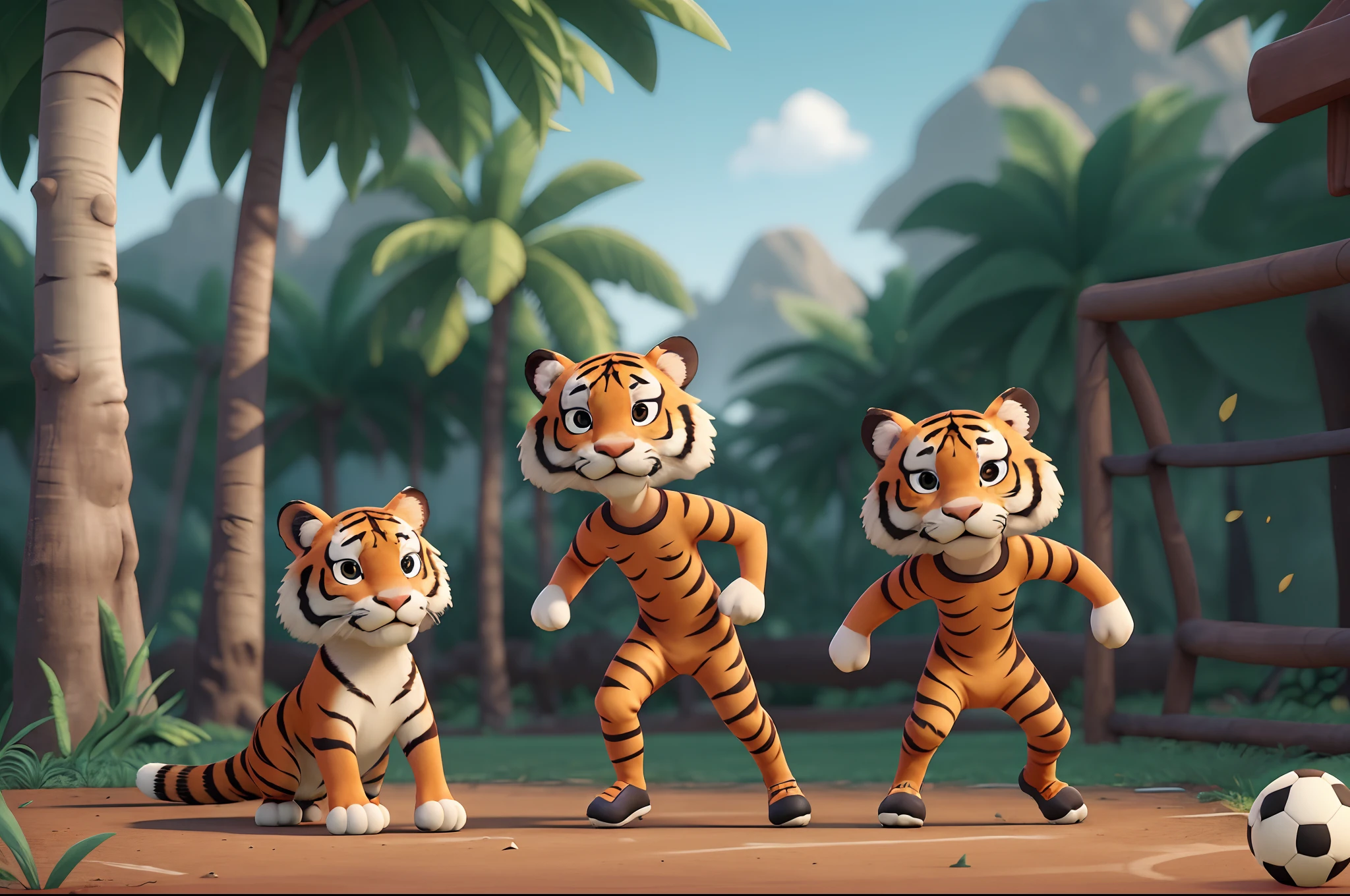 (two tigers playing soccer in the jungle: 1.42), fantasy setting, Disney cartoons, Unreal Engine 5, stylized anime, highly detailed characters, 3D style anime, realistic 3D anime style, stylized 3D, engine unreal face blue, stylized 3D rendering, realistic 3D characters, stylized characters, unreal engine rendering, award winning image