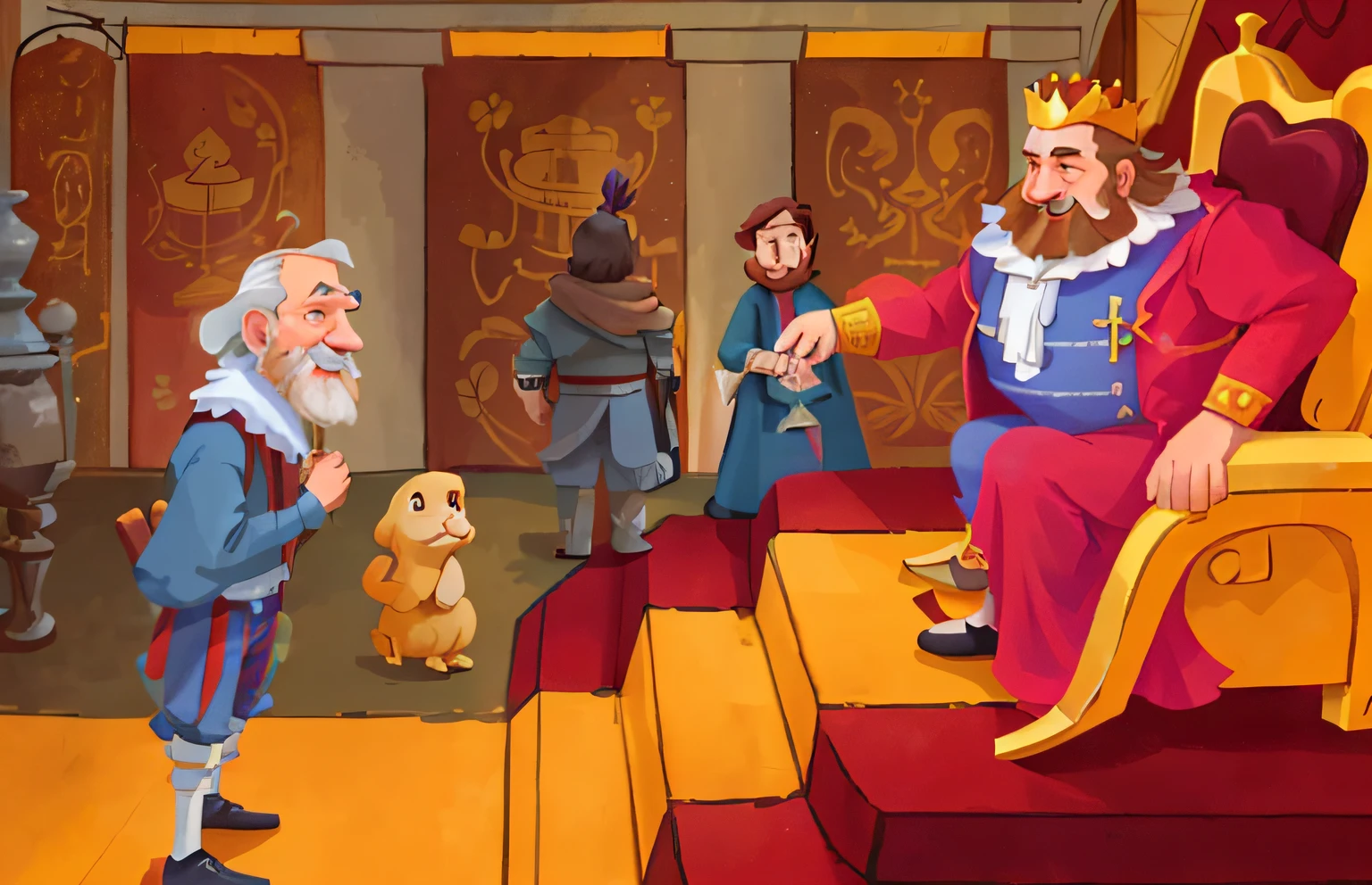 The king sat on his throne and looked at the tailor,Very happy with the tailor's performance,Next to the king stood the maid