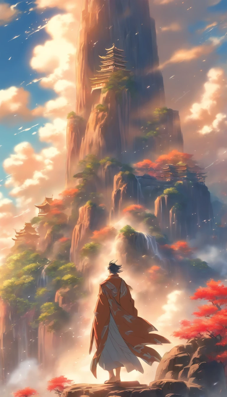 /imagine prompt: Elder He stands on a high place, with a deep and meaningful gaze. A solemn hall is behind him, adorned with large calligraphy and paintings. Xiao Xuner and Nalan Wan'er stand before Elder He, their expressions solemn, as if they are about to embark on an important mission. ,32k, best quality, masterpiece, super detail, high details, by Makoto Shinkai ,in the style of the stars art group xing xing, --niji 5"
