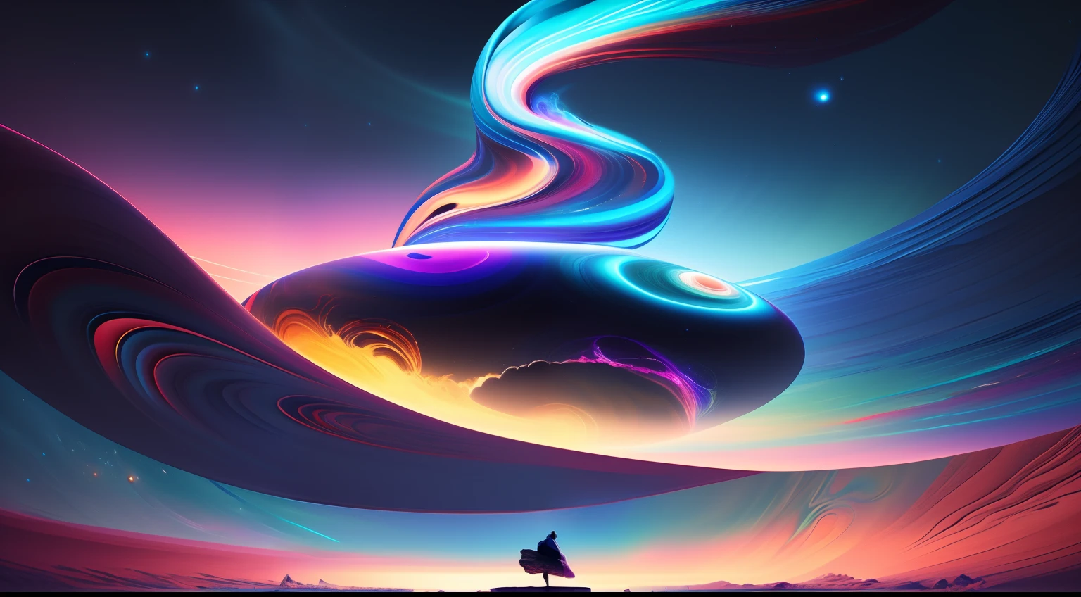 Colorful digital painting，A man stands on a rock in front of a planet, 8K stunning artwork, swirling magical energy, 8K HD wallpaper digital art, Beautiful art UHD 4 K, softly swirling magical energy, glowing sphere, swirls of magic, colorfull digital fantasy art, Beautiful digital artwork, Digital artwork 4 K, space fractal gradient