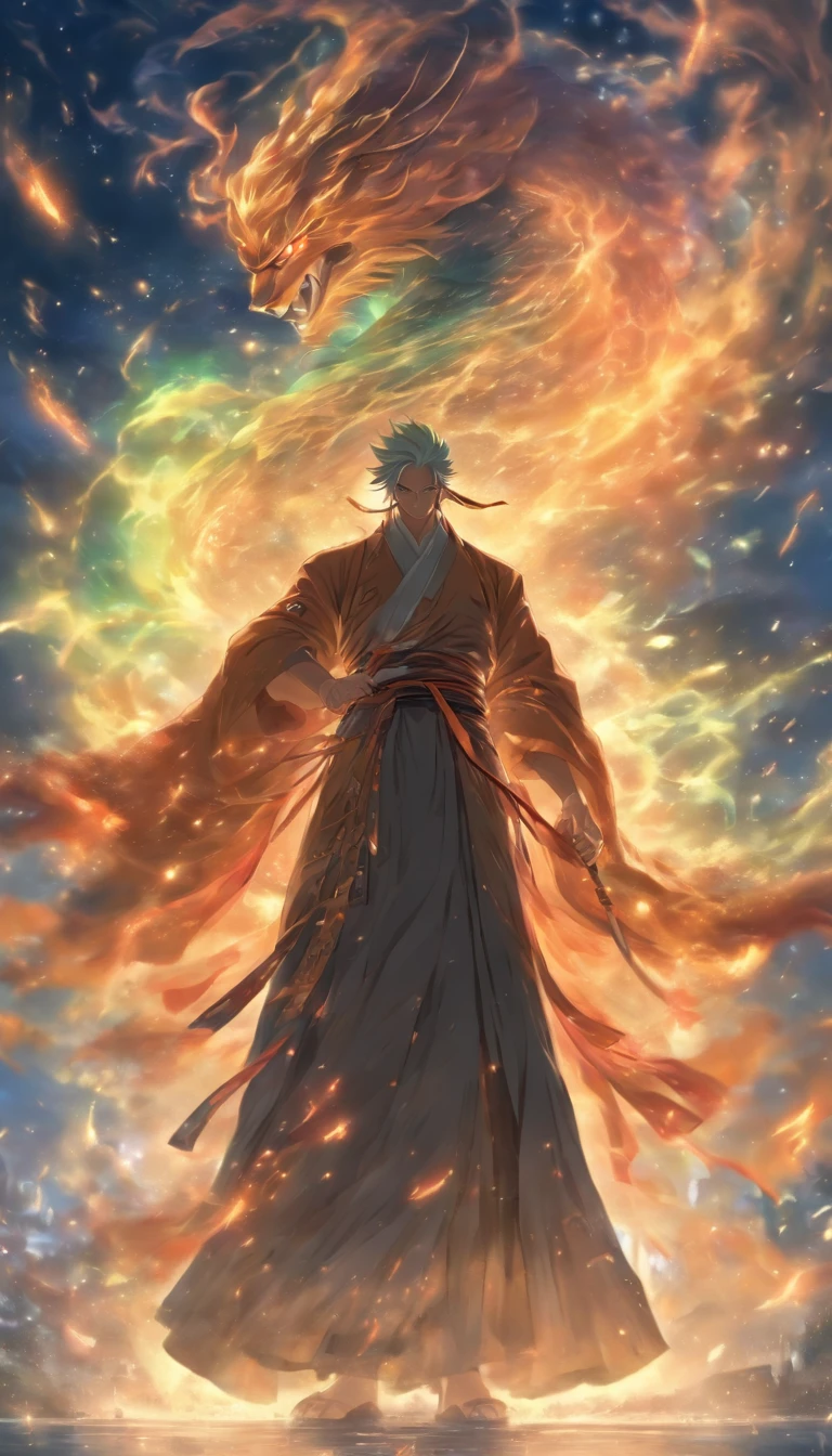 /imagine prompt: An authoritative elder standing on a high platform, wearing a magnificent robe, with a fierce gaze towards two young men, holding a long whip in his hand, a spacious martial arts field surrounded by a tense and oppressive atmosphere, ,32k, best quality, masterpiece, super detail, high details, by Makoto Shinkai ,in the style of the stars art group xing xing, --niji 5"