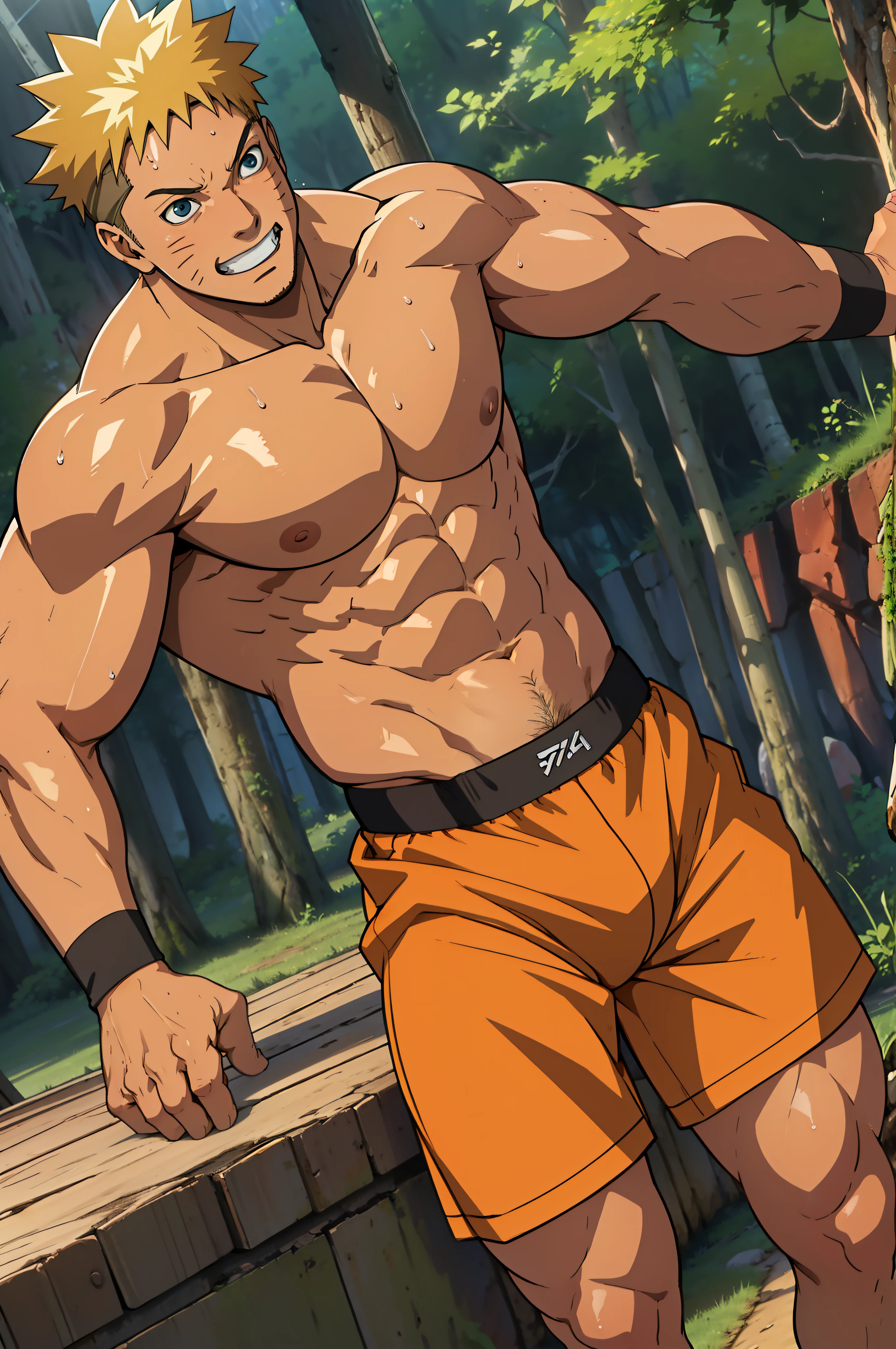 (photo angle from bottom up) (photo angle from the ground upwards) [Anime photo][highest quality photo][4k,HD photo quality] (Close-up of muscular thigh muscles)( wearing tight triangle underwear revealing thigh muscles  snake, muscular thighs, sinewy thighs) , Uzumaki Naruto fun, happy,bodybuilder , bodybuilding,huge body, standing, shiny skin, red skin ,reddish brown skin, lots of sweat flowing down, topless, shirtless, hot sunny, do not wear banners