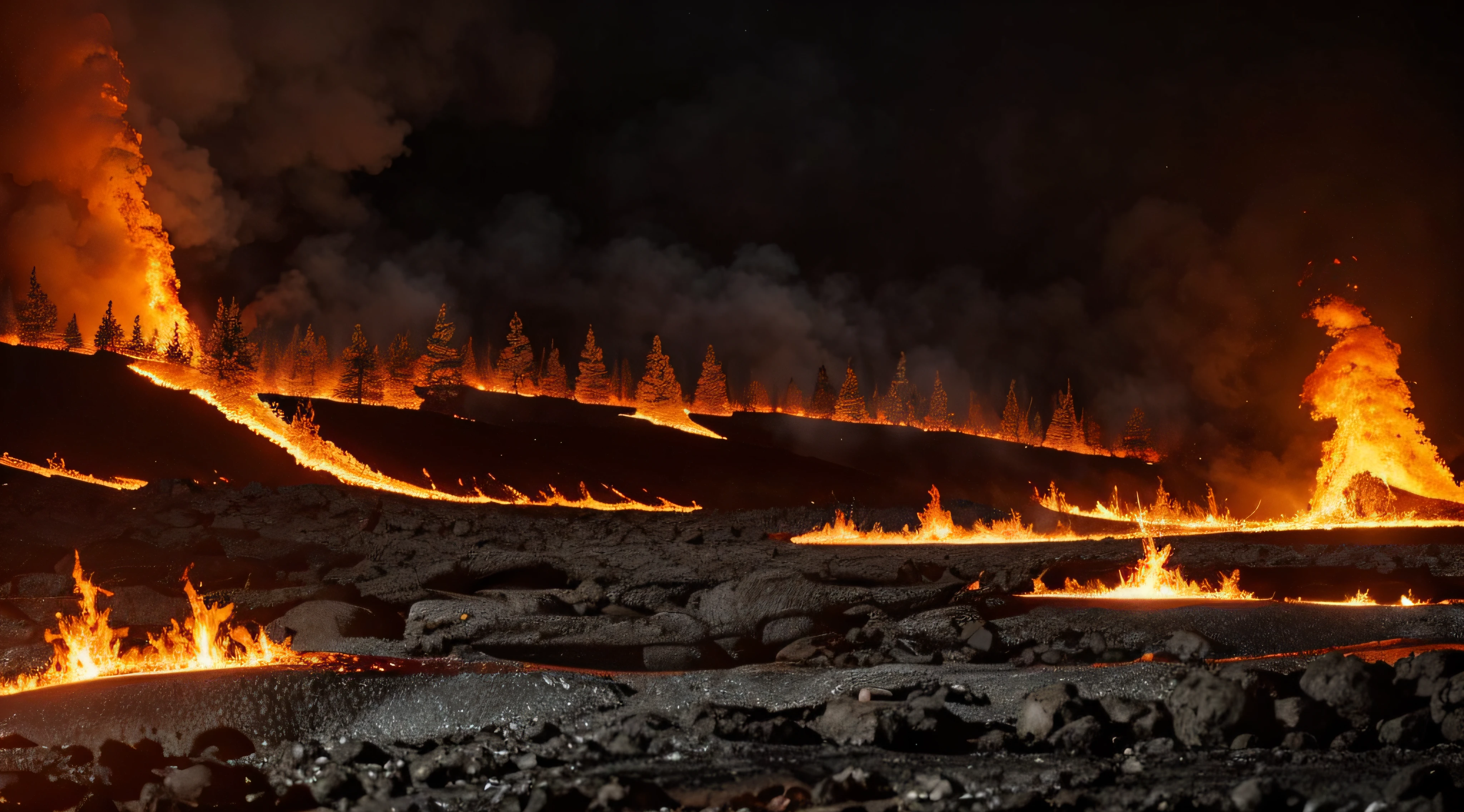 river of lava in forest on fire and with dense smoke