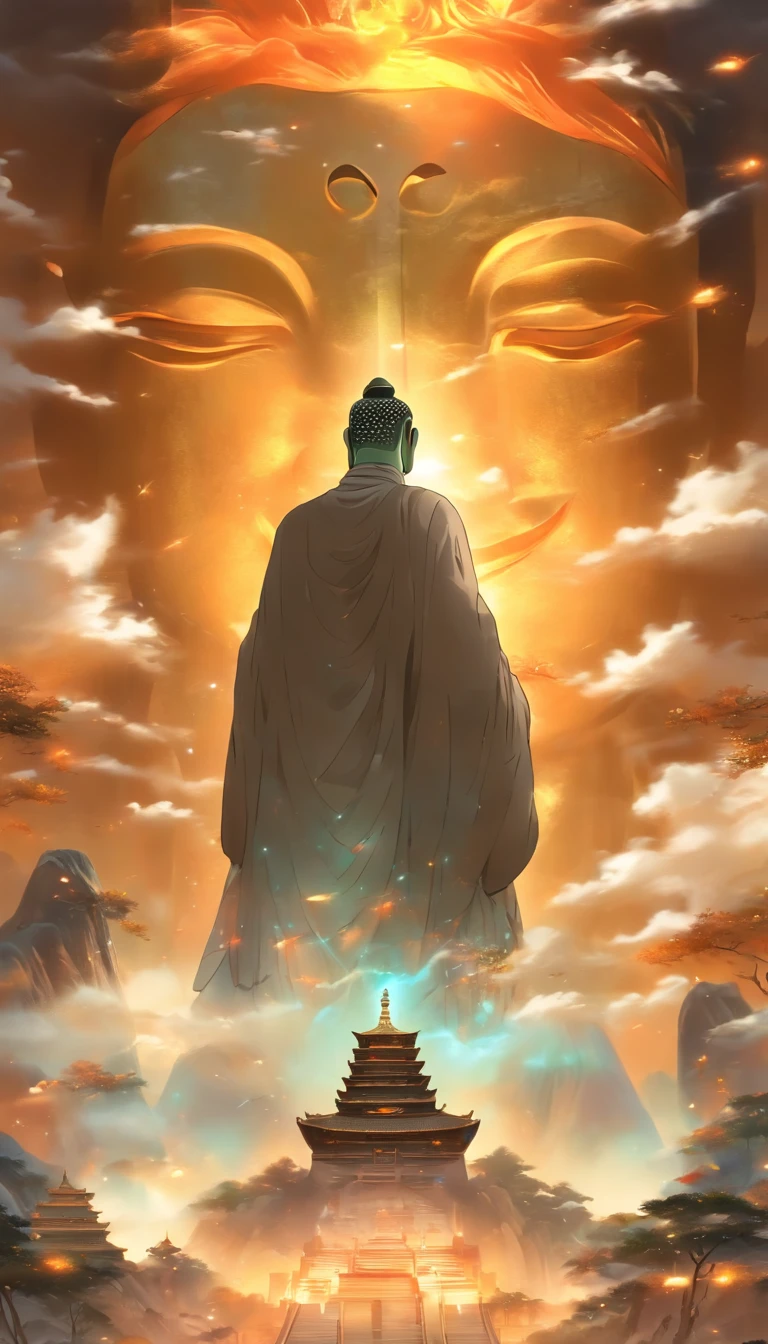 China-style,In the distance, A huge tall Buddha statue stands in space,Gaze at the earth,Standing Buddha statue,with light glowing,Glow effects,Pilgrims on the road,Hyper-realistic,Ultra photo realsisim,Real Photographics,8K,High definition,high qulity,Works of masters,super-fine,Chinese black and white ink style,(((white colors))),Decolorization,Smudge,ink,8K,super-fine,high qulity,(((OC renderer)))