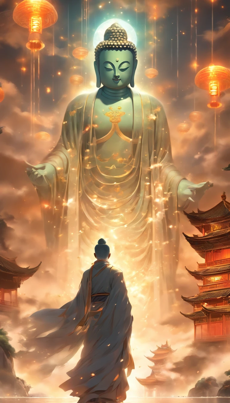 China-style，In the distance, A huge tall Buddha statue stands in space，Gaze at the earth，Standing Buddha statue，with light glowing，Glow effects，Pilgrims on the road，Hyper-realistic，Ultra photo realsisim，Real Photographics，8K，High definition，high qulity，Works of masters，super-fine，Chinese black and white ink style，（（（white colors））），Decolorization，Smudge，ink，8K，super-fine，high qulity，（（（OC renderer）））