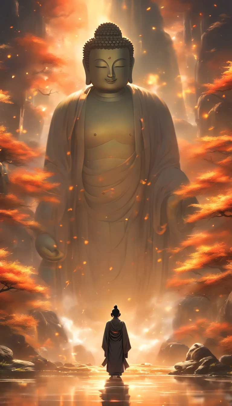 China-style，In the distance, A huge tall Buddha statue stands in space，Gaze at the earth，Standing Buddha statue，with light glowing，Glow effects，Pilgrims on the road，Hyper-realistic，Ultra photo realsisim，Real Photographics，8K，High definition，high qulity，Works of masters，super-fine，Chinese black and white ink style，（（（white colors））），Decolorization，Smudge，ink，8K，super-fine，high qulity，（（（OC renderer）））