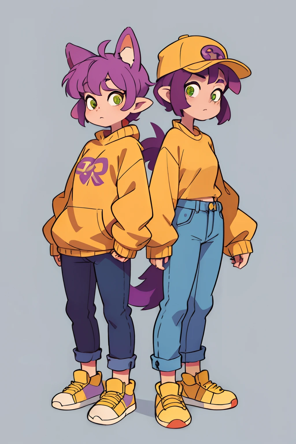 short purple hair, Two large tails on the sides, yellow sweater, Long yellow arms,The cap with ears is yellow, Green eyes, blue jeans, shoes