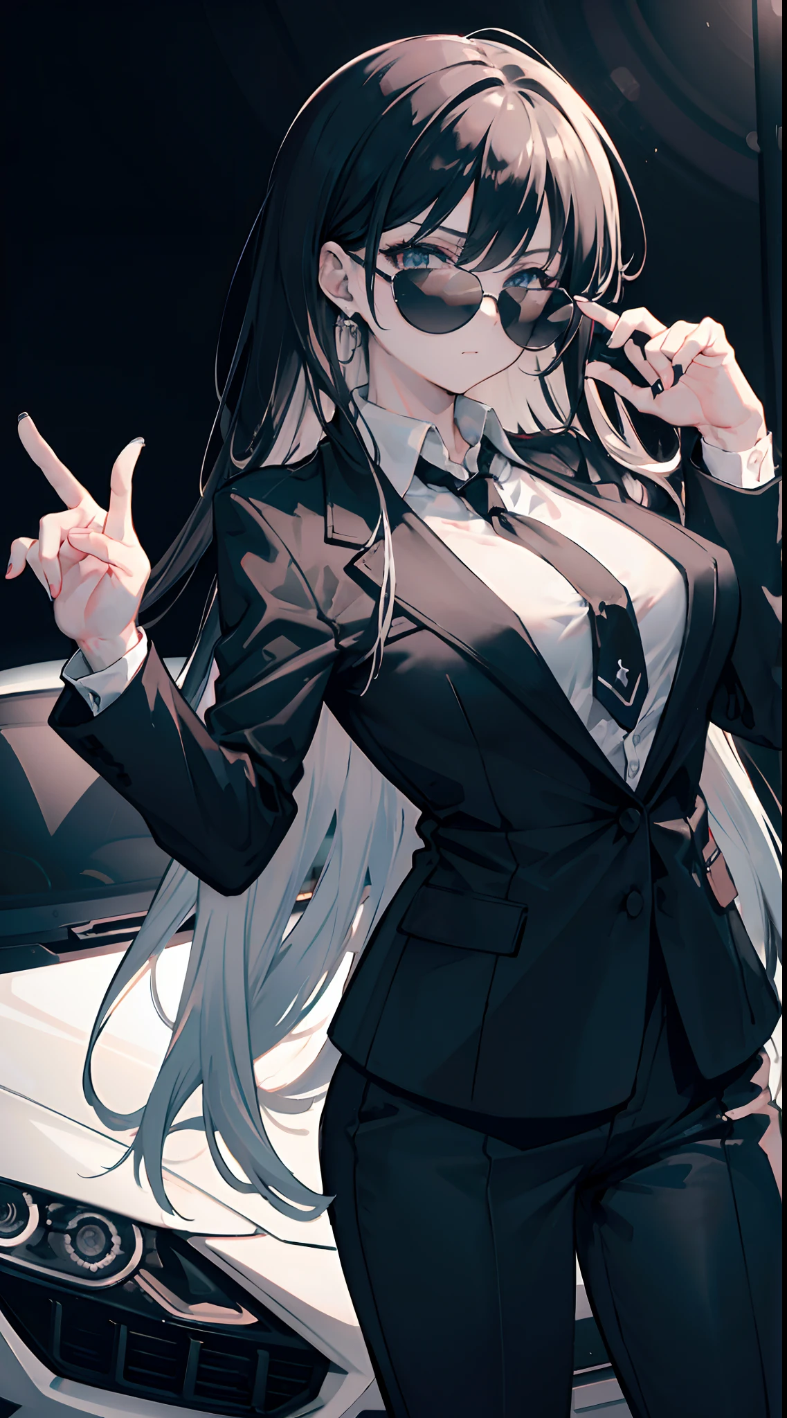 (masterpiece:1.2, best quality), 8k,Sharp focus, 1 cool adult woman posing in a sports car, long and messy hair, Wearing sunglasses, Wearing a black suit with a white shirt and tie,Dynamic pose,city background with beautiful lighting