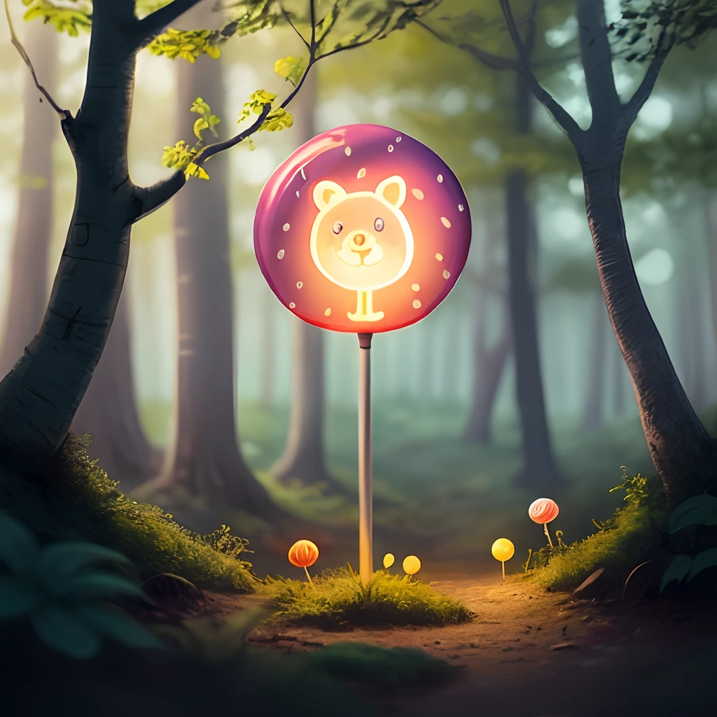 create an image of a glowing lollipop in the middle of the forest, children's illustration