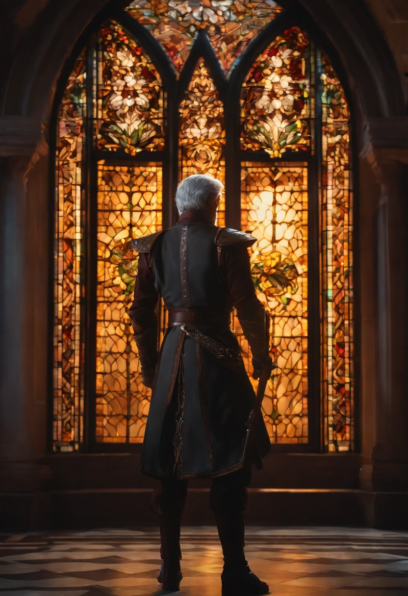 alhaitham (genshin impact), 1 male, (Solo:1.4), grey hair, standing in front of the stained glass window, dramatic sunset lighting
