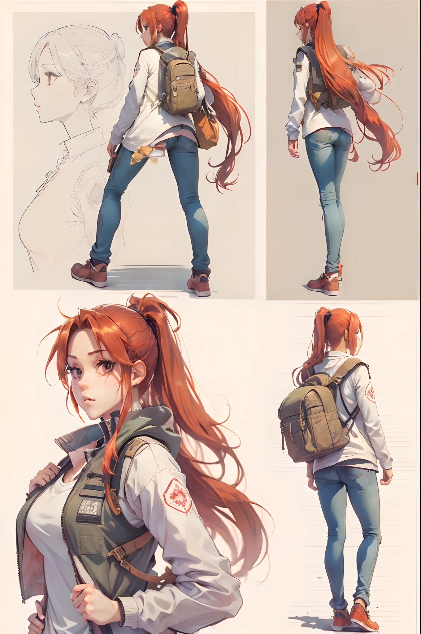 (Draw) ((masutepiece, Best Quality)) (CharacterDesignSheet, Same character, front, Side, Back, In the written word around it) A woman with long, Red hair and ponytail hairstyle, Brown eyes, Wear a bulletproof vest, Long sleeve T-shirt with closed zipper, white shirt and jeans, backpack, Stand and relax