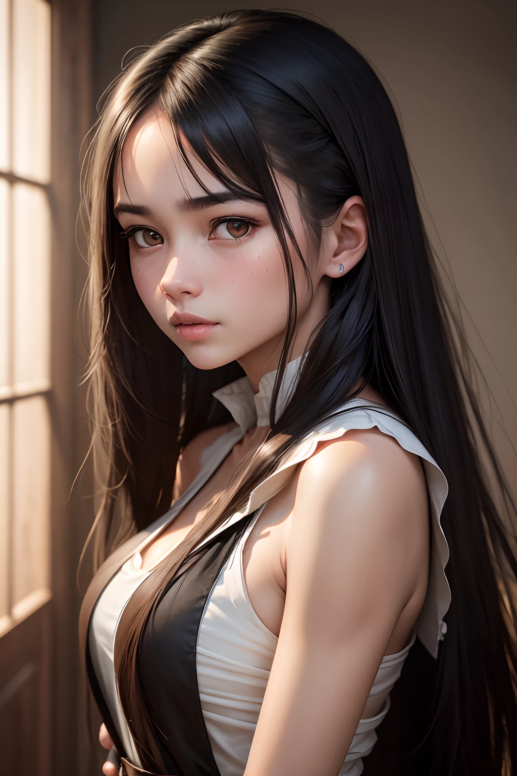RAW uhd portrait photo 0f 21-years-old white women, long black hair, brown eyes, famine futures,dslr, ultra quality, sharp focus, tack sharp, film grain, (centered) , fujifilm XT3 , detailed skin pores, oiled skin, tan, intricate eye detail, brown dress,realistic, full body, erotic