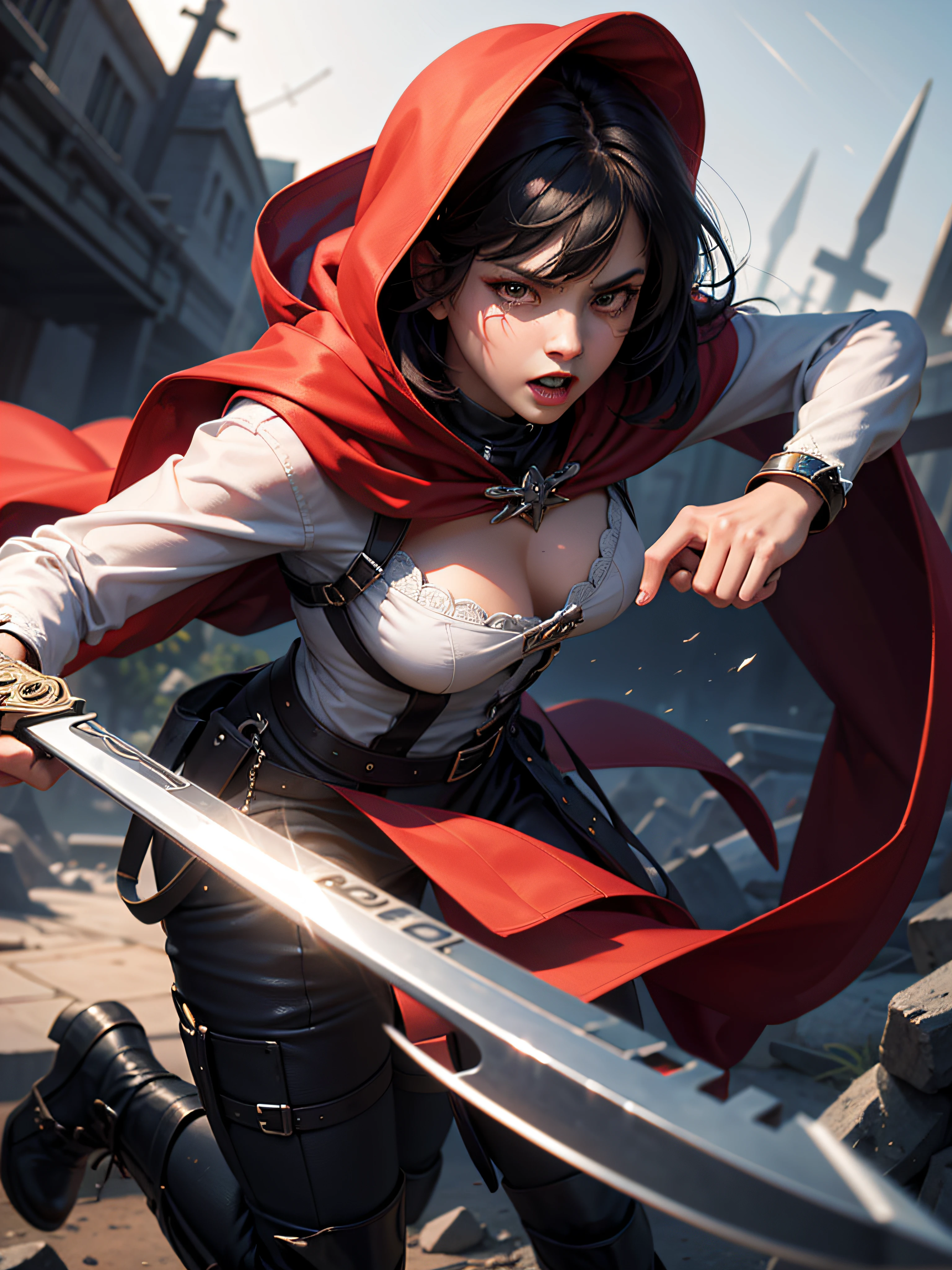Arti modern anime. angled view, heroic pose, face closeup portrait of stunningly beautiful "little red riding hood" as an heroic brave lady, in a violent action scene, wearing a highly ornamented red hooded cape, in a dark forest fighting, holding and striking with a silver knife, depth of field blur effect, night, full zoom, action portrait, photorealistic. cinematic lighting, highly detailed. best quality, 4k, Better hand, perfect anatomy, leaning forward, foreshortening effects, angry serious focused expression, ready for battle