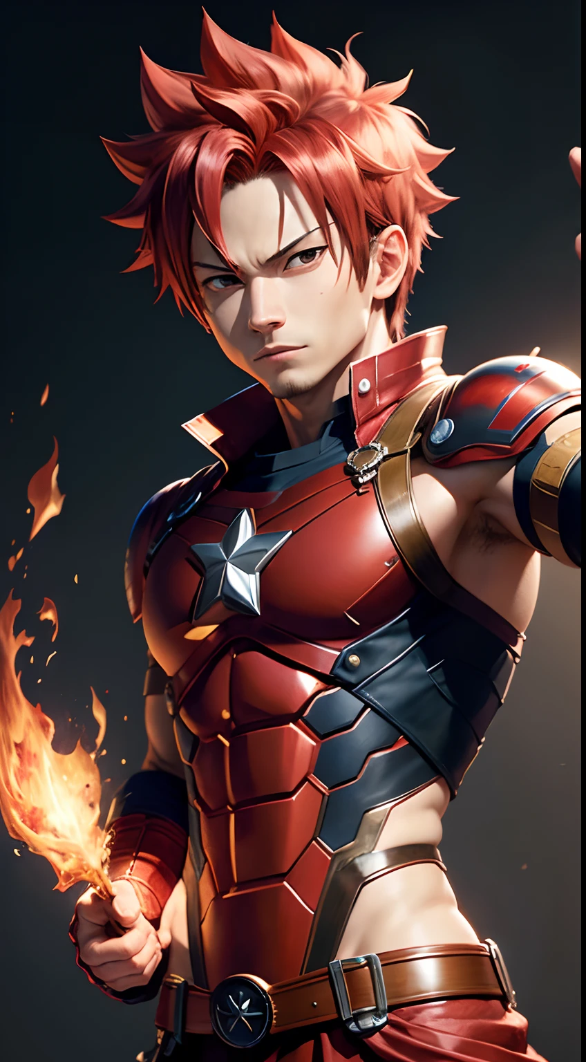 (masterpiece), (best quality), (photorealistic:1.3), cinematic, 8k, detailed skin texture, detailed red cloth texture, red costume, anime wallpaper, Natsu Dragneel wallpaper, one punchman wallpaper, Natsu Dragneel as captain america, (portrait of Natsu Dragneel from fairy tail) fairy tail artstyle, inspired by Hiro Mashima, Natsu Dragneel, wallpaper, Hiro Mashima style, fan art, fairy tail style, Natsu Dragneel as captain america, HQ artwork