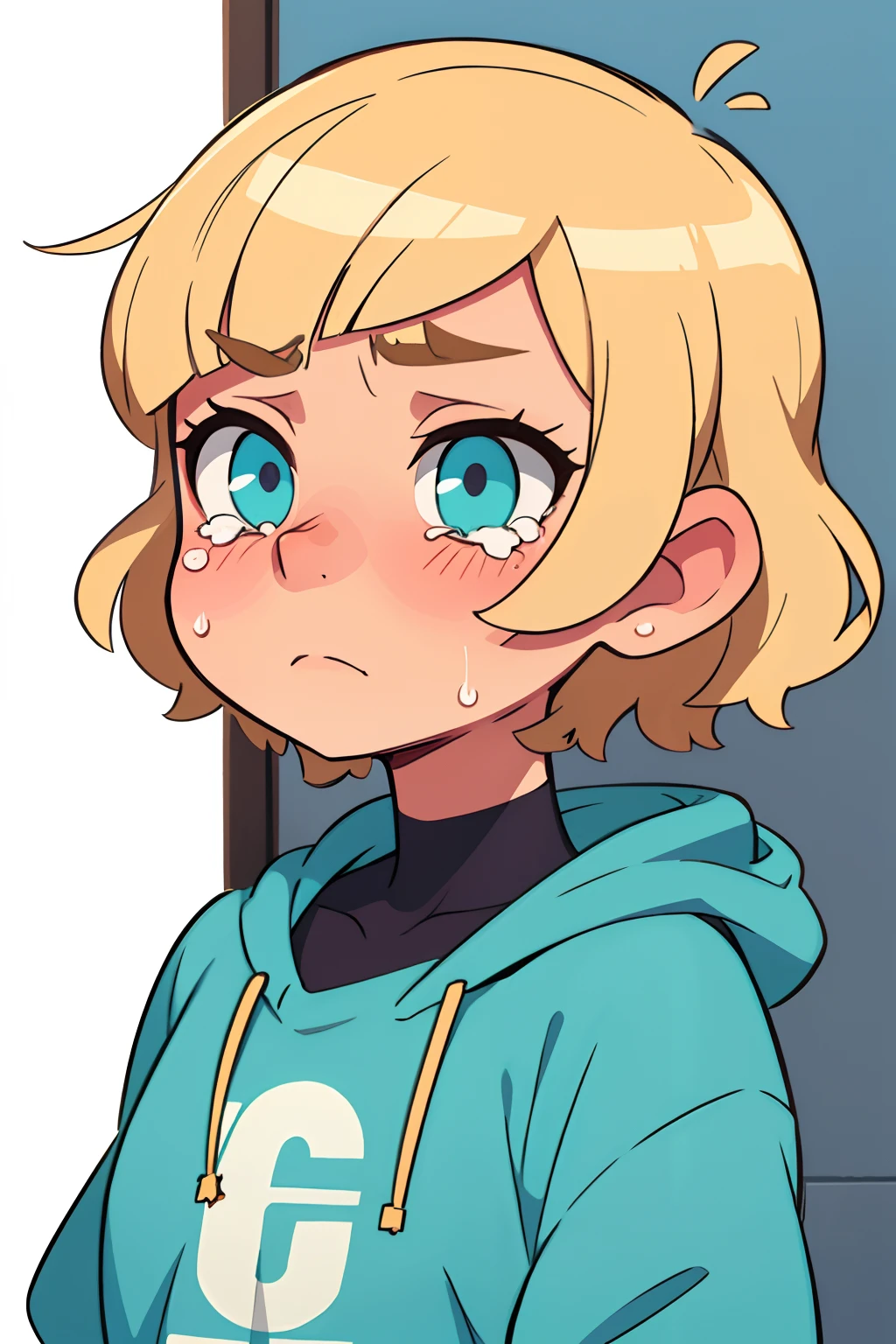 Short Hair Hair,blond hair, Cyan eyes, Oversized clothing, Acne on the face, crying, closed mouth.