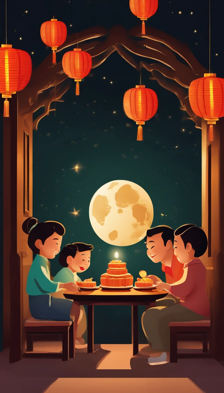 A family eats mooncakes,Men honor their parents with gifts in their hands, Happy family, There are mooncakes on the table,Gift in hand, tea drinking and paper lanterns, Another bright moon in the sky,warm and joyful atmosphere, Digital illustration, Poster illustration, ???, , digital illustrations , Chinese style painting, , exciting illustration,