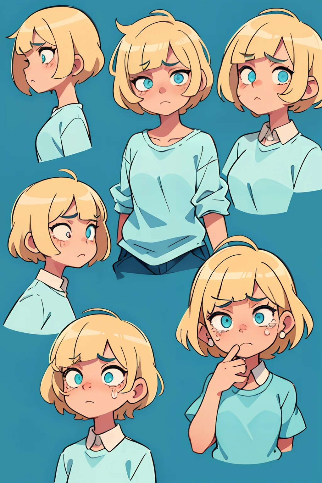 Short Hair Hair,blond hair, Cyan eyes, Oversized clothing, Acne on the face, crying, closed mouth.