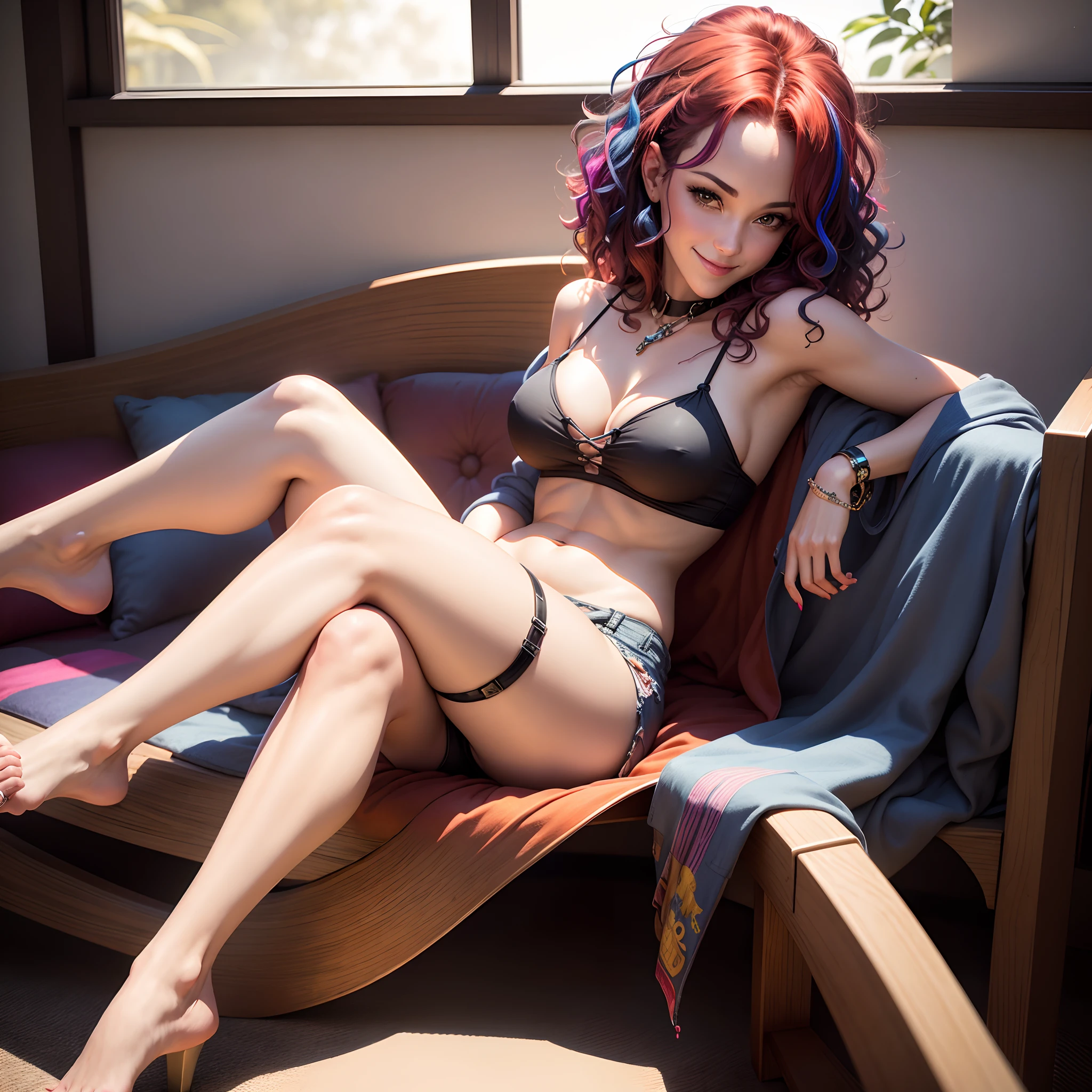 mid 30s milf, legs crossed, teasing viewer, flirting with viewer, sly smile, upshorts, frizzy hair, multicolored hair, extra legs entangled and crossed together and stacked on each other, solo