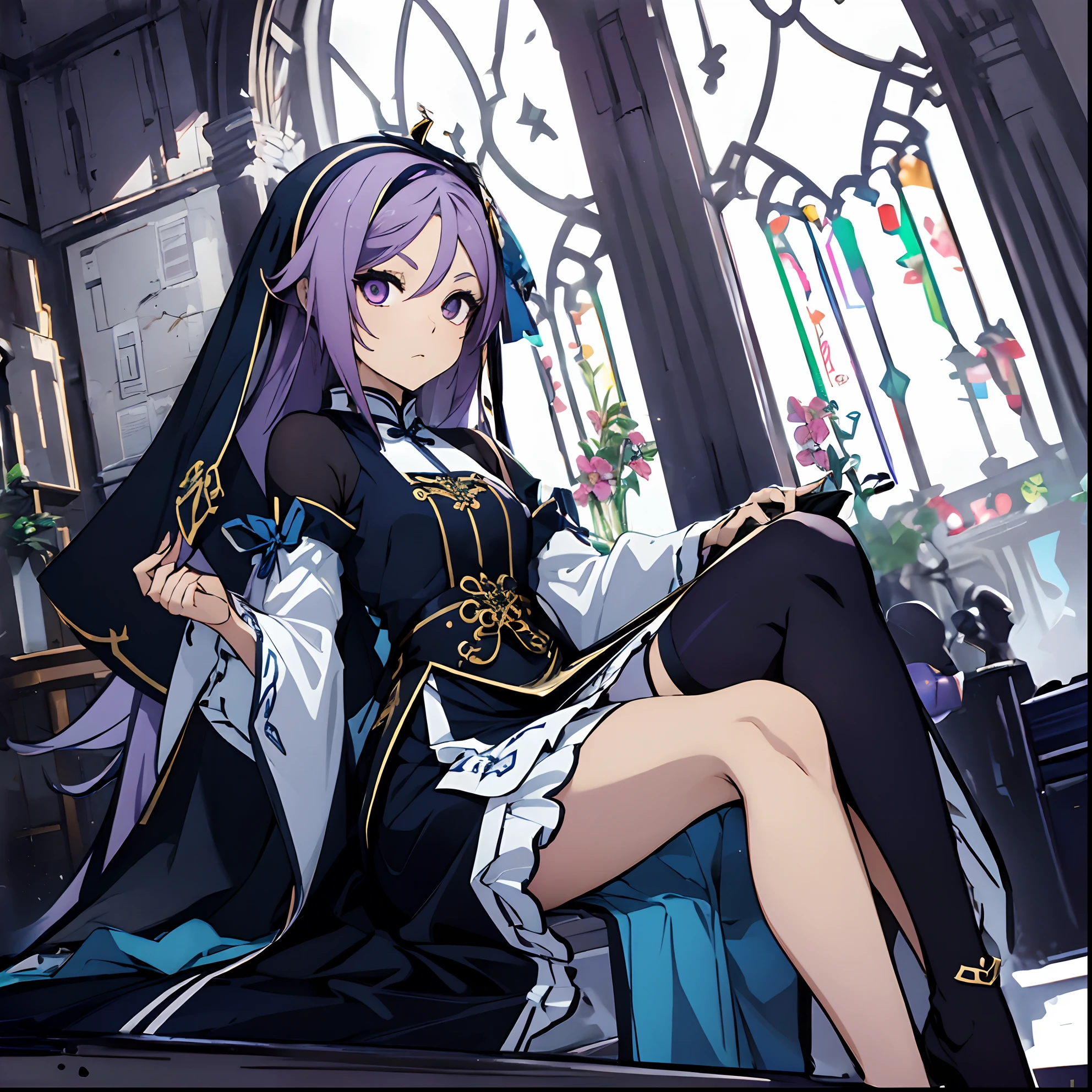 best qualtiy，tmasterpiece，Ultimate Resolution, Bare shoulders, arm warmer, shoulder-length purple hair, Navy Ribbon, Blue cheongsam, thighs thighs thighs thighs, Metamorphosis is exposed, Scenery of Shanghai