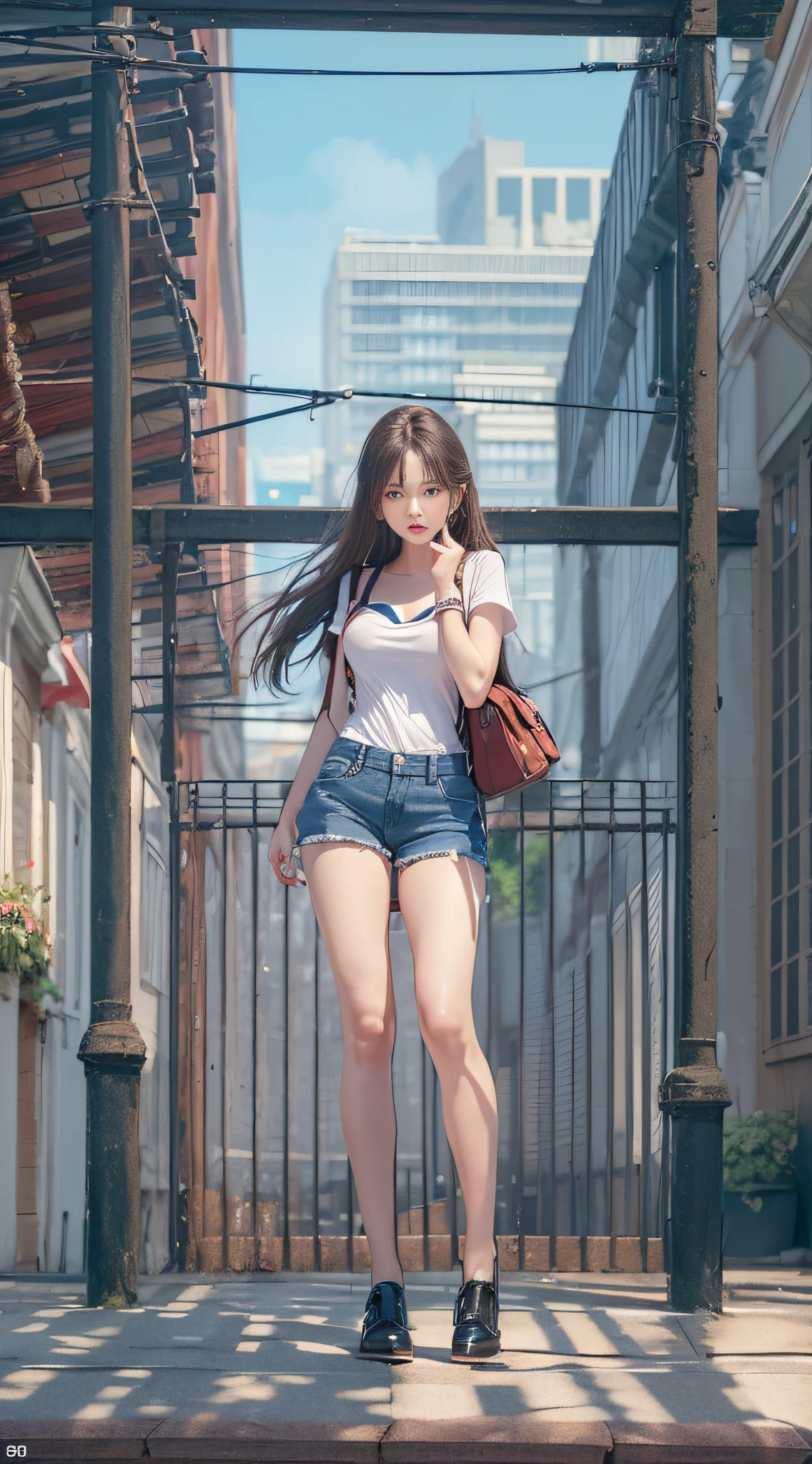 ((midynight, Need, 8K, tmasterpiece:1.3)), full bodyesbian, Long legs, Focalors:1.2, perfect figure beautiful woman:1.4, Slim abs:1.1, ((Dark brown hair, huge tit:1.2 )), (white tight t-shirt, Denim suspenders, standing on your feet:1.2), ((urban street scene, the roof:1.3)), Highly detailed facial and skin texture, A detailed eye, 二重まぶた