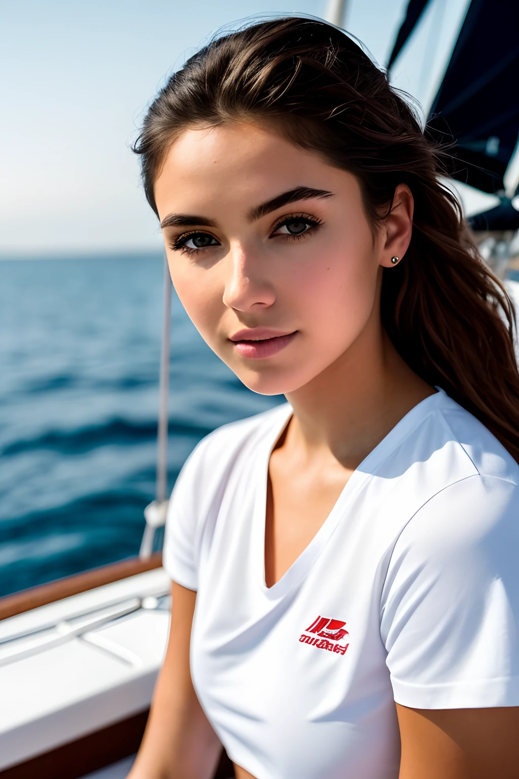 photo of (CyberDutch_V2:0.99), a woman as a sexy TikTok influencer, modelshoot style, (extremely detailed CG unity 8k wallpaper), photo of the most beautiful artwork in the world, professional majestic (photography by Steve McCurry), 8k uhd, dslr, soft lighting, high quality, film grain, Fujifilm XT3 sharp focus, f 5.6, High Detail, Sharp focus, dramatic, (wearing a white t-shirt), (resting on the deck of a sail boat) (looking at viewer:1.2), (detailed pupils:1.3), (natural light), (seductive)