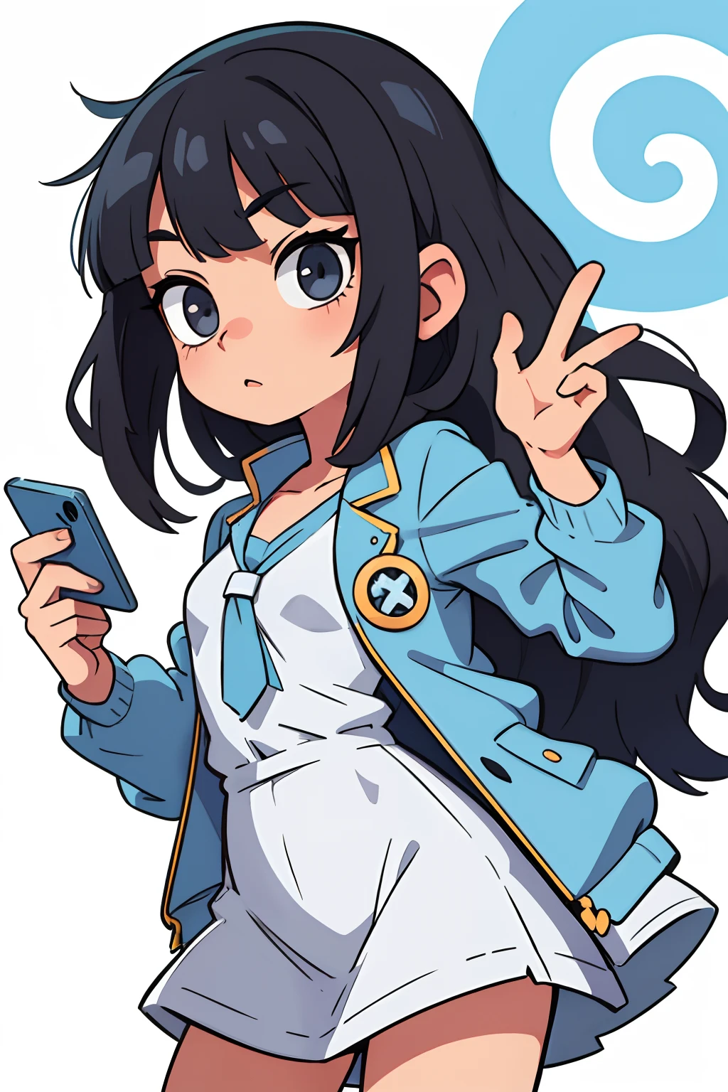 1girl, in anime style, Likes me, at the school, Cyan eyes, white shirt,in a shortened jacket, Gray jacket,on the jacket there is a badge with the name of Timi, curly long hair, black hair, Pose with Phone,2 girl, With gray eyes, in a blue sundress, Hair is blue white, Long bangs, The posture is normal.