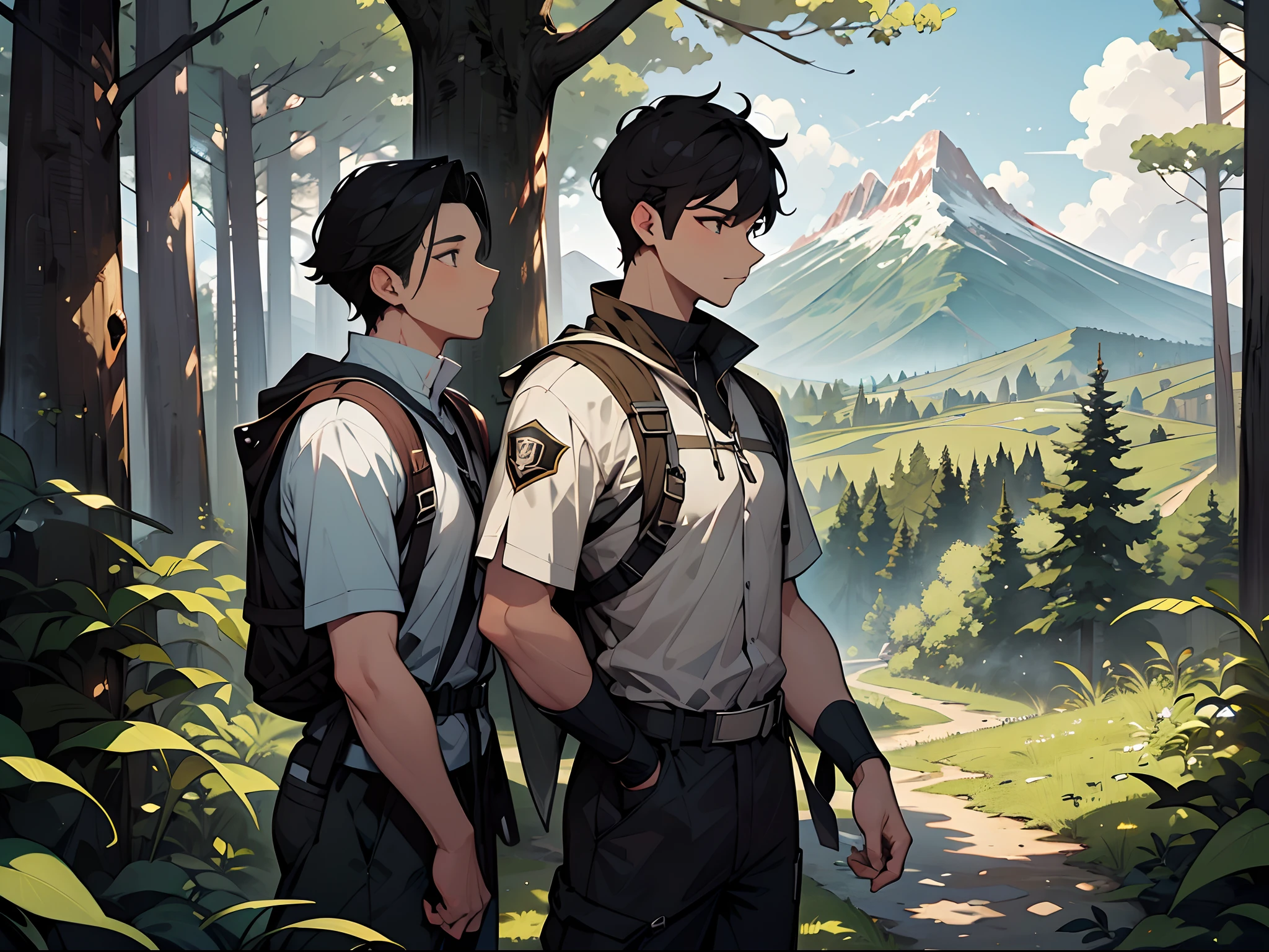 masterpiece, high quality best quality,((2male)),gay male,yaoi, adventure, explorer, outdoors, nature, gay male hiking, mountain, forest