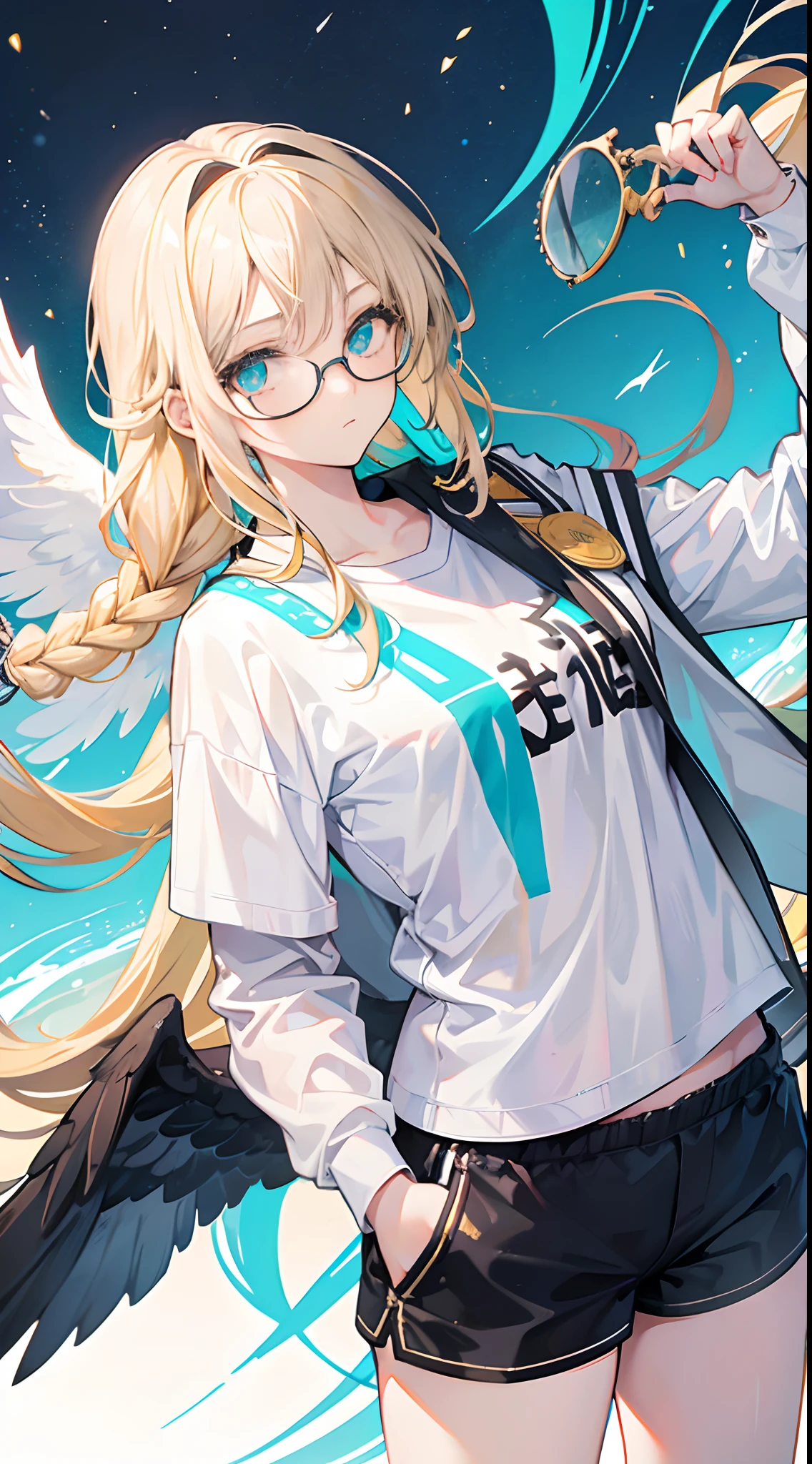 18-year-old woman with golden hair, turquoise eyes, long hair, left braid, eye glasses. Wearing a white shirt, black shorts and white wings on the back.