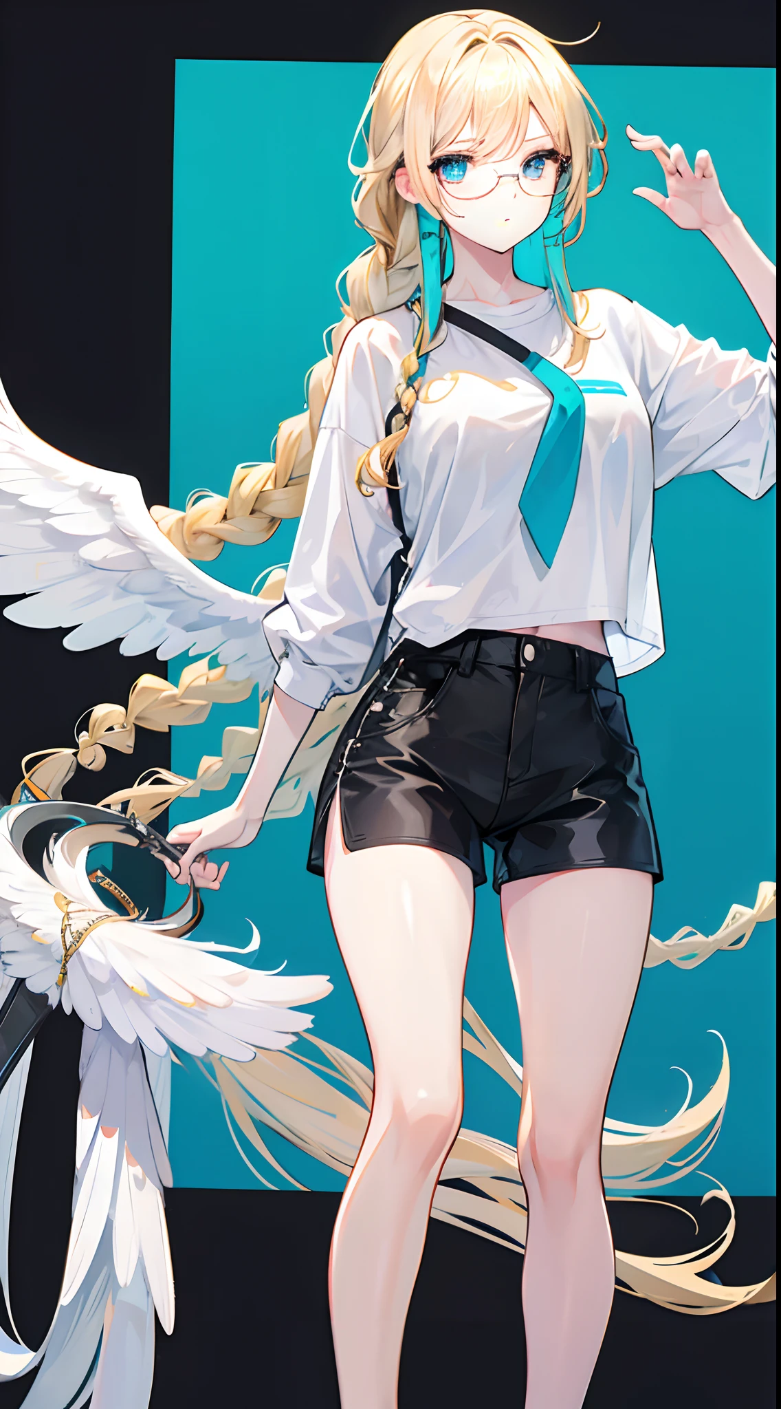 18-year-old woman with golden hair, turquoise eyes, long hair, left braid, eye glasses. Wearing a white shirt, black shorts and white wings on the back.