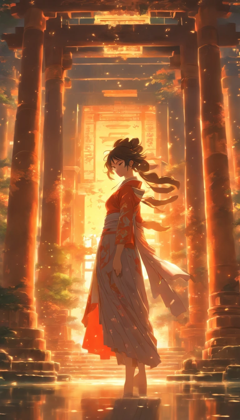 /imagine prompt: A beautiful and determined woman standing in front of an abandoned temple, wearing gorgeous clothes, with a resolute light in her eyes, ,32k, best quality, masterpiece, super detail, high details, by Makoto Shinkai ,in the style of the stars art group xing xing, --niji 5