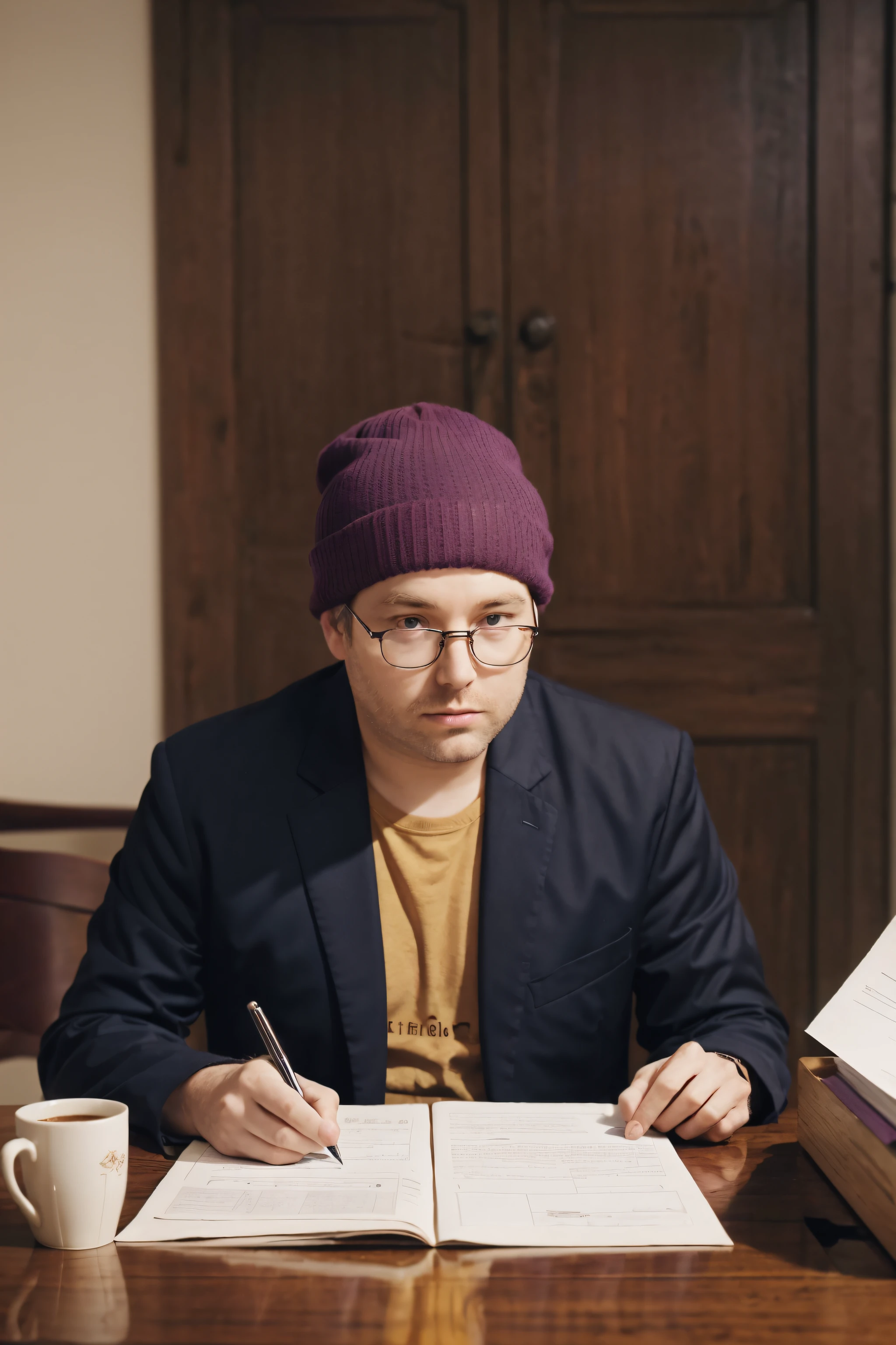 Prompt 3:
NathanLeserman sits at his desk, grading papers with a focused expression. His winter hat rests beside him, and a cup of steaming cocoa stands nearby. A soft purple glow envelops the room, accentuating the beige of the papers, the black ink of Nathan's pen, the silver of the pen holder, and the brown of the wooden desk.