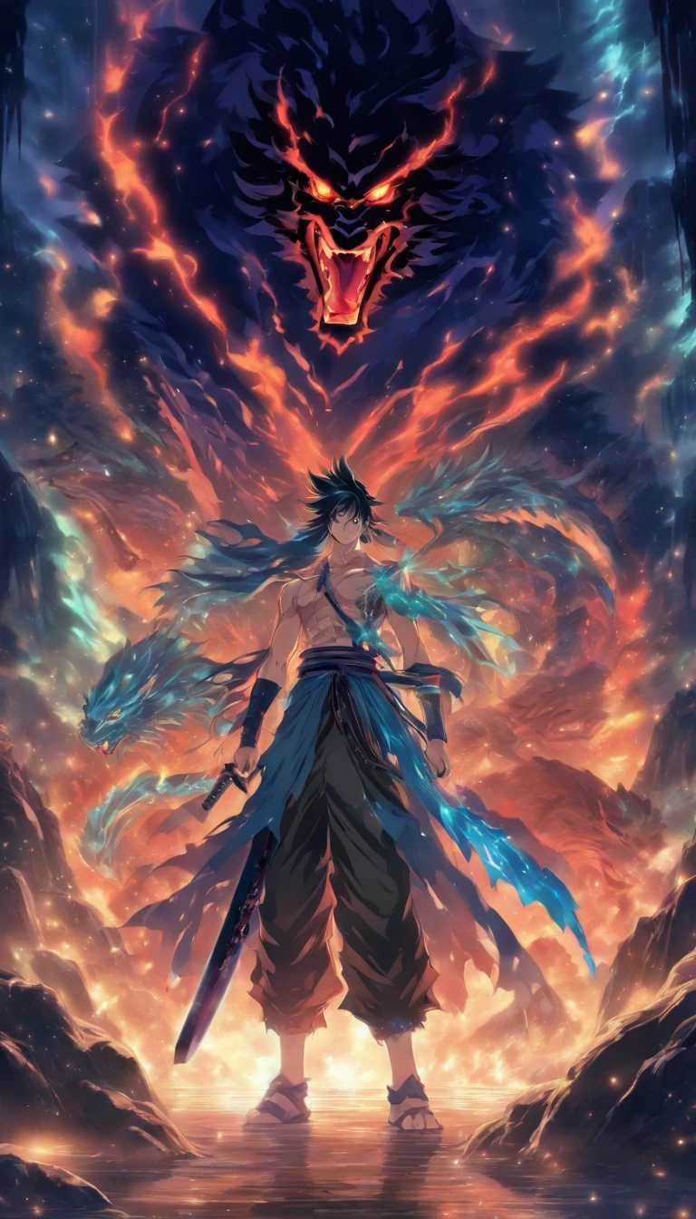 /imagine prompt: A handsome and ruthless man standing at the entrance of a dark cave, holding a sharp sword, with ferocious monsters and a dark aura behind him, ,32k, best quality, masterpiece, super detail, high details, by Makoto Shinkai ,in the style of the stars art group xing xing, --niji 5"