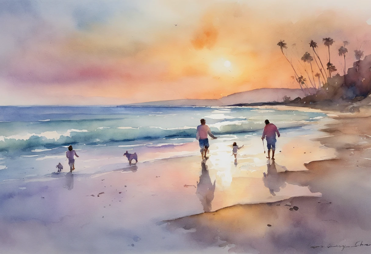 When the sun sets on the beach, A father and his two twenty-year-old daughters playfully chase their five-year-old son along the coastline. The sky is painted with a breathtaking palette of pastel pastel tones - dusty blue, with soft pink colors, and fantastic lavender. The scene evokes a sense of serenity and unity, Beauty captured through the lens of a watercolor painter.