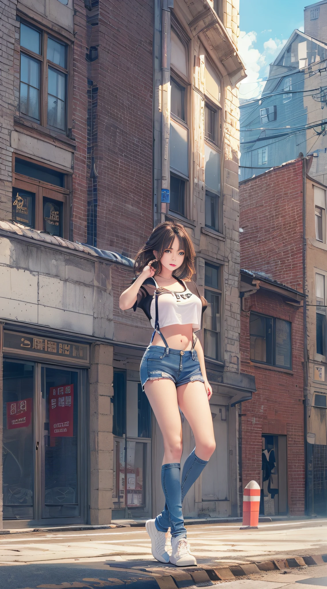 8k, top-quality, (pubic hair beauty)、hight resolution, realisticlying, realperson, Red Light District at Night、There are many signboards、The light on the sign is dazzling、Dancing in different poses on stage、The best smile、Fun and smiling、One young and beautiful girl、Reveal madness、Inviting eyes、Martial Arts Tournaments、Serious Serious Competition、denim short pants、toppless、high-heels