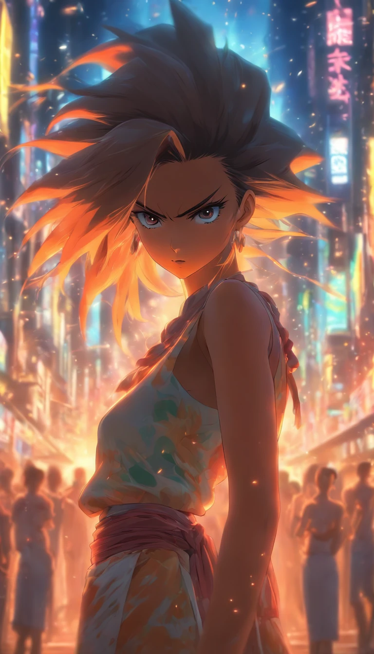 /imagine prompt: A fierce-looking woman standing before a crowd, with a menacing gaze and expression, people around her avoiding her in fear, ,32k, best quality, masterpiece, super detail, high details, by Makoto Shinkai ,in the style of the stars art group xing xing, --niji 5"