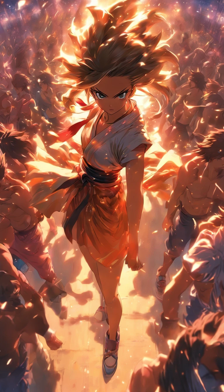 /imagine prompt: A fierce-looking woman standing before a crowd, with a menacing gaze and expression, people around her avoiding her in fear, ,32k, best quality, masterpiece, super detail, high details, by Makoto Shinkai ,in the style of the stars art group xing xing, --niji 5"