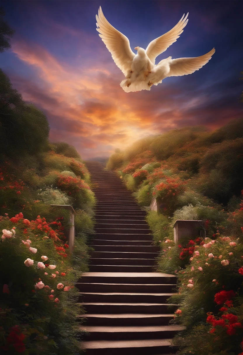 Stairway to heaven with angels climbing and descending at the top of the hill in a Jewish dream