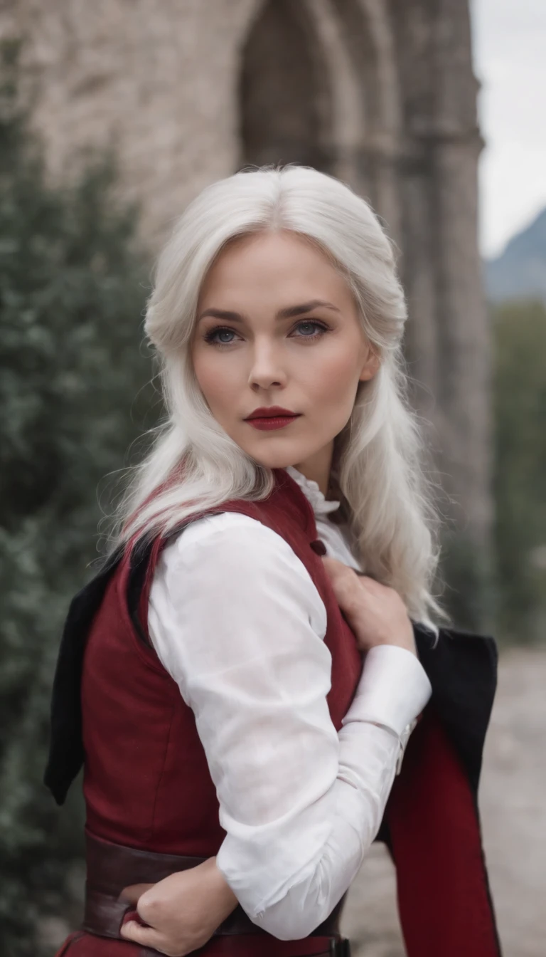 caucasian female，silber hair，（white  shirt，Red vest，black greatcoat，white leggings underneath，Black round boots）
