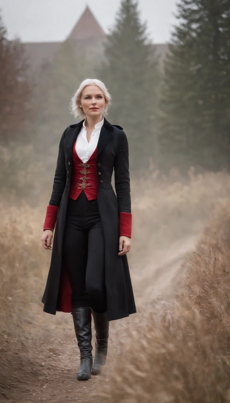 caucasian female,silber hair,(white shirt,Red vest,black greatcoat,white leggings underneath,Black round boots)