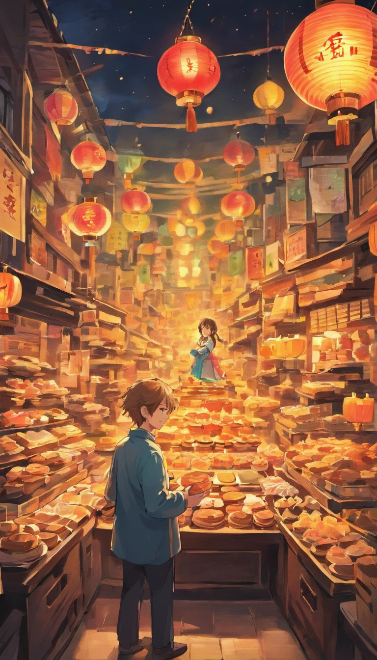 A family eats mooncakes，Men honor their parents with gifts in their hands, Happy family, There are mooncakes on the table,Gift in hand， tea drinking and paper lanterns, Another bright moon in the sky，warm and joyful atmosphere, Digital illustration, Poster illustration, , , digital illustrations , Chinese style painting, , exciting illustration,